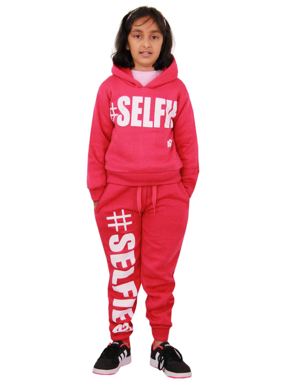 Kids Girls #Selfie Printed Hooded Crop Top & Bottom Jogging Suit