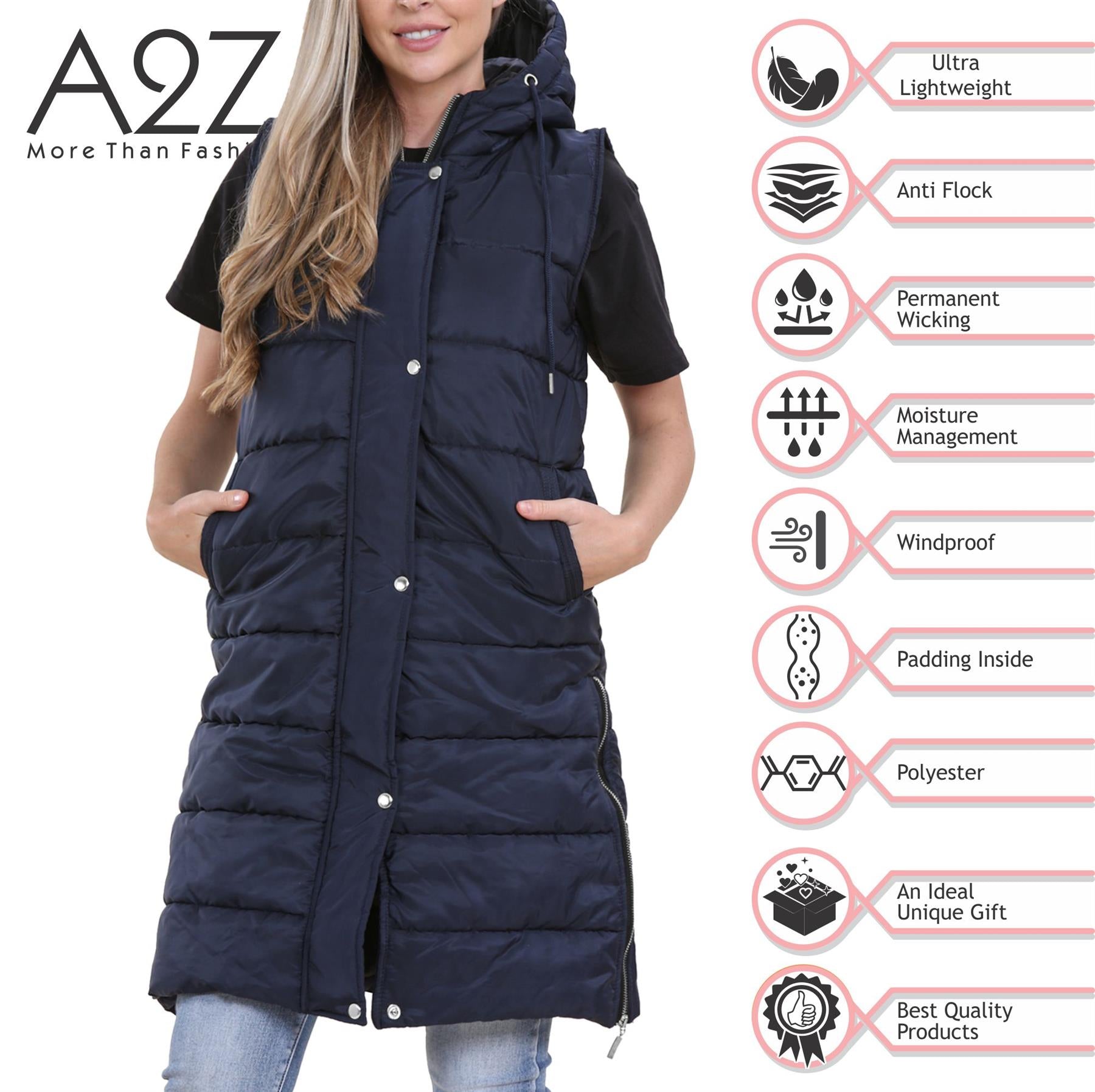 Ladies Oversized Zipped Gilet Long Line Style Navy Jacket Sleeveless Long Coat