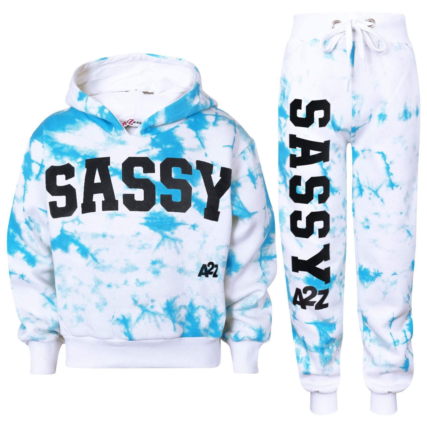 Kids Girls Tie Dye Tracksuit "SASSY" Print Blue Hooded Crop Jogging Suit