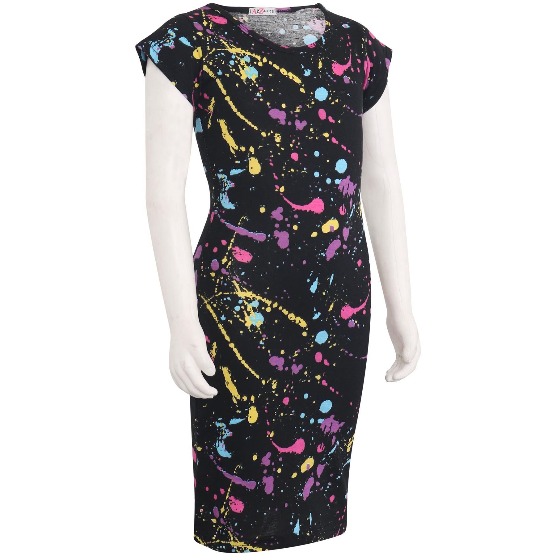 Kids Splash Print Midi Dress Bodycon Party Dress Children Girls 5-13 Years