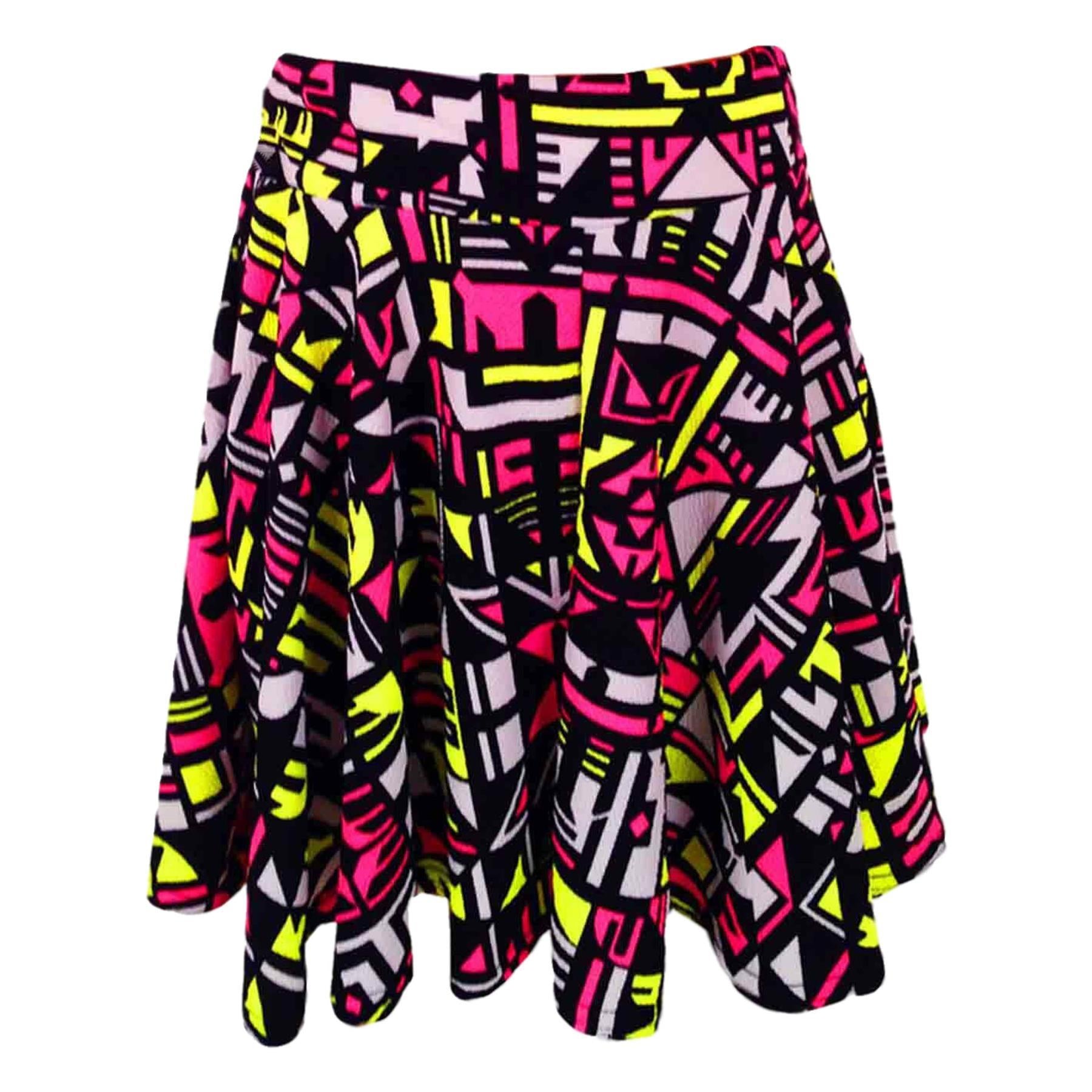 Kids Neon Pink & Yellow Aztec Tribal Print Skater Skirt Midi Dress & Crop Top