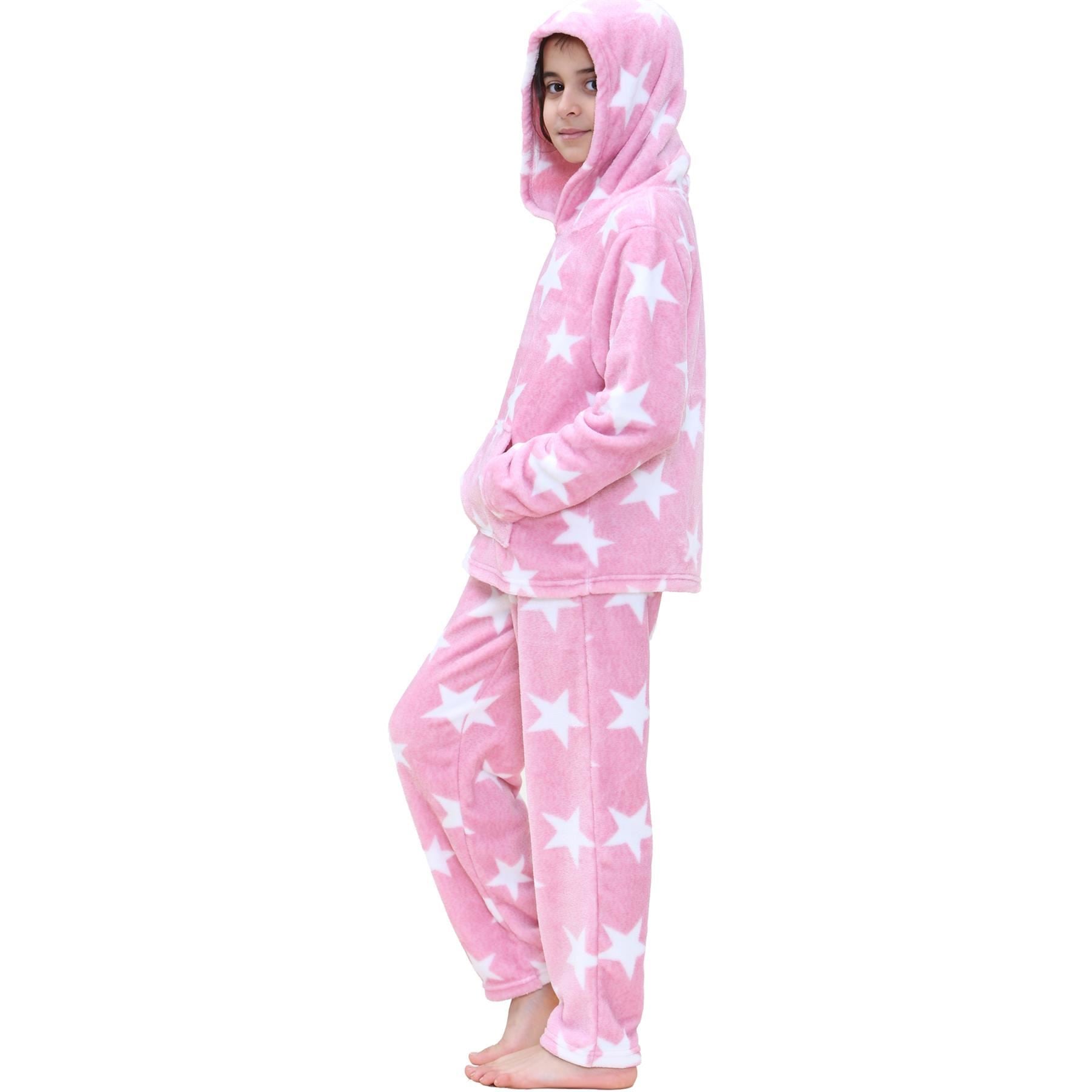 Kids Girls Stars Print Pink Pyjama Extra Soft Flannel Fleece Hooded PJS Set