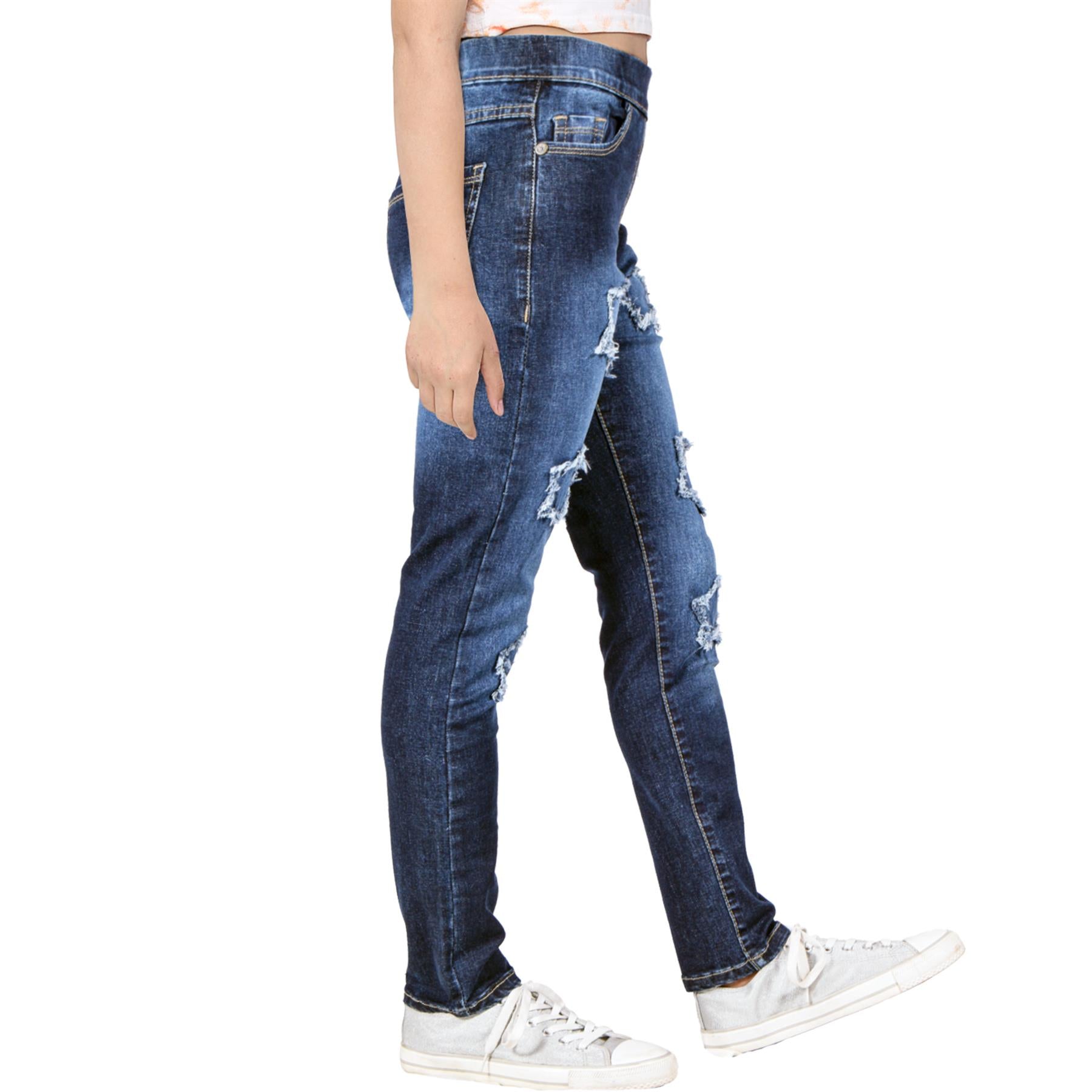 Kids Girls Comfort Stretchy Stars Ripped Dark Blue Fashion Denim Jeans