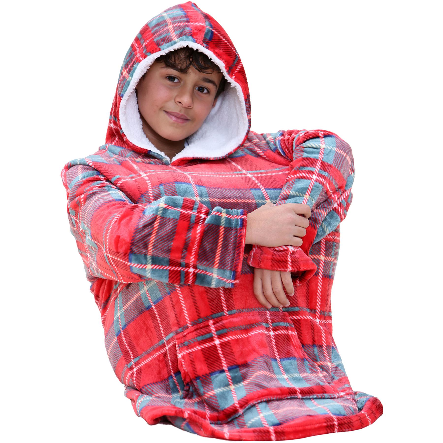 Kids Unisex Oversized Hoodie Snuggle Red Tartan Printed Fleece Blanket