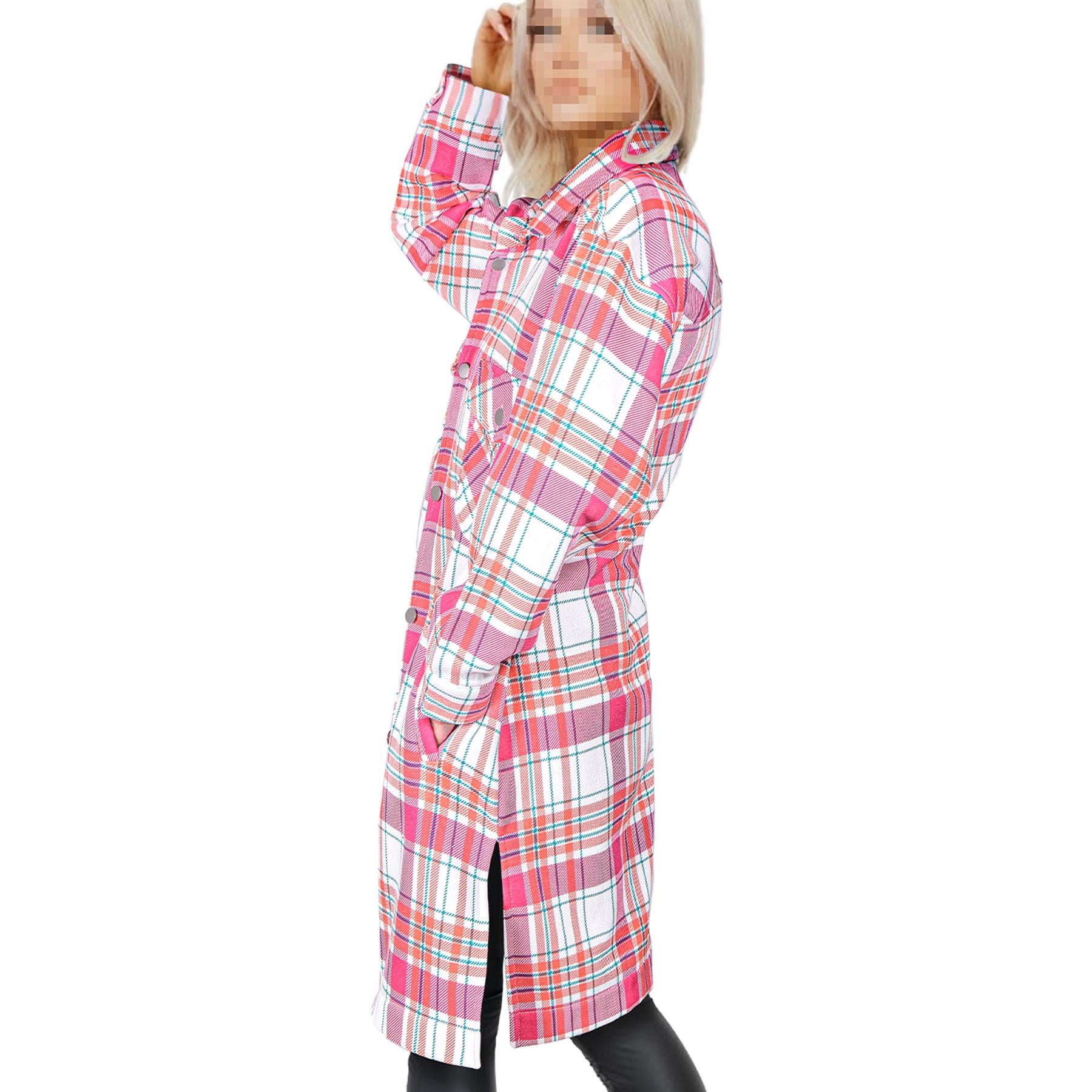 Ladies Longline Shacket Pink Checked Button Down Shirt Jacket Top Oversize Coat