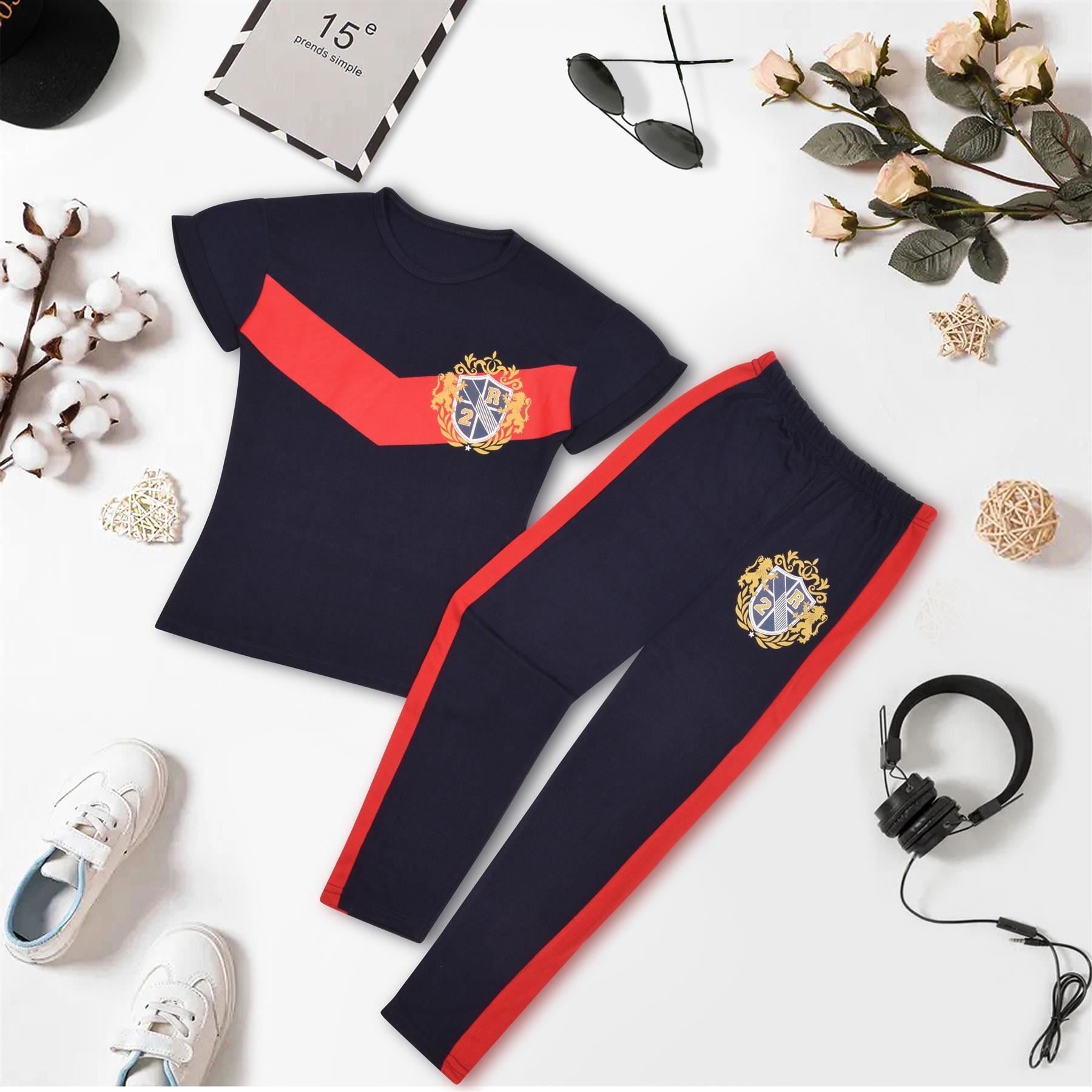 Kids Girls Lion Varsity Logo Print Navy T Shirt Top & Legging Set