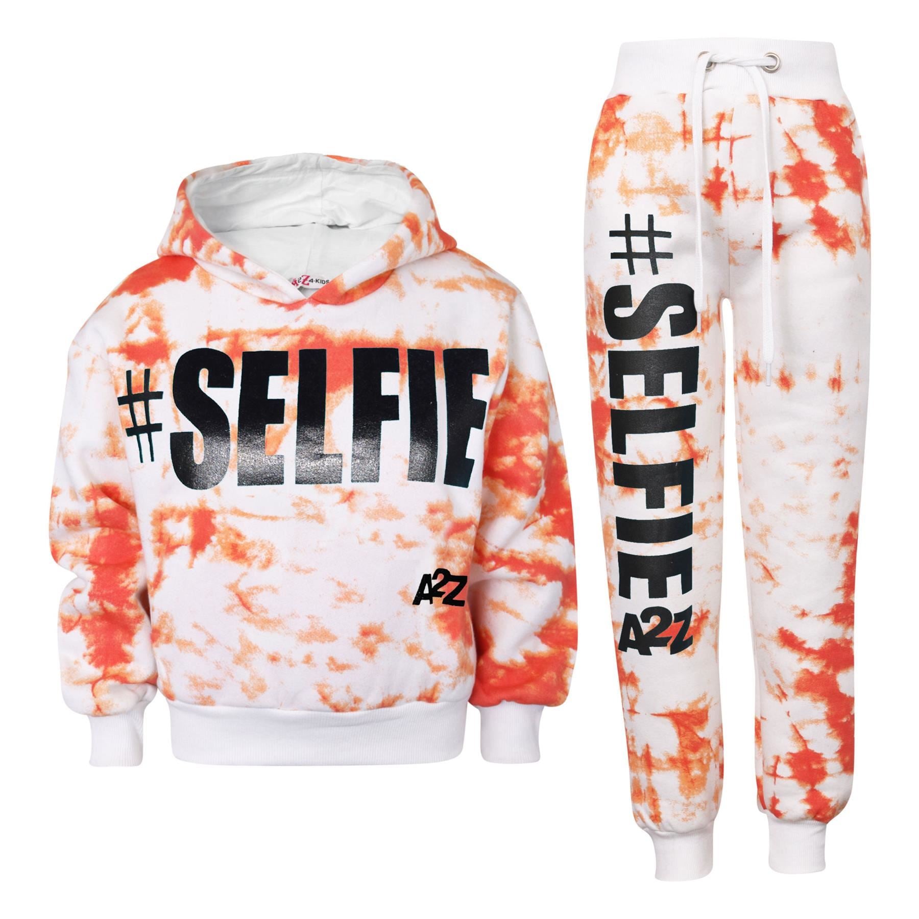 Kids Girls #Selfie Printed Hooded Crop Top & Bottom Jogging Suit