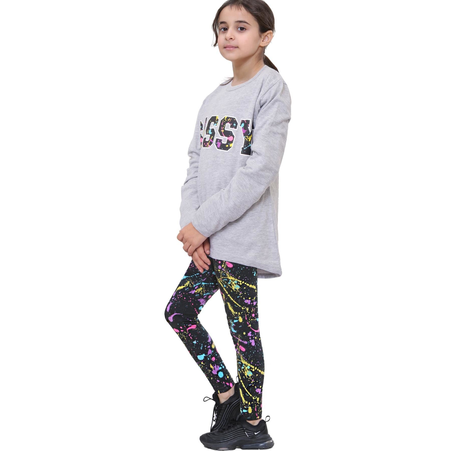 Girls Sassy Print Grey Long Sleeves T Shirt Top & Legging Set