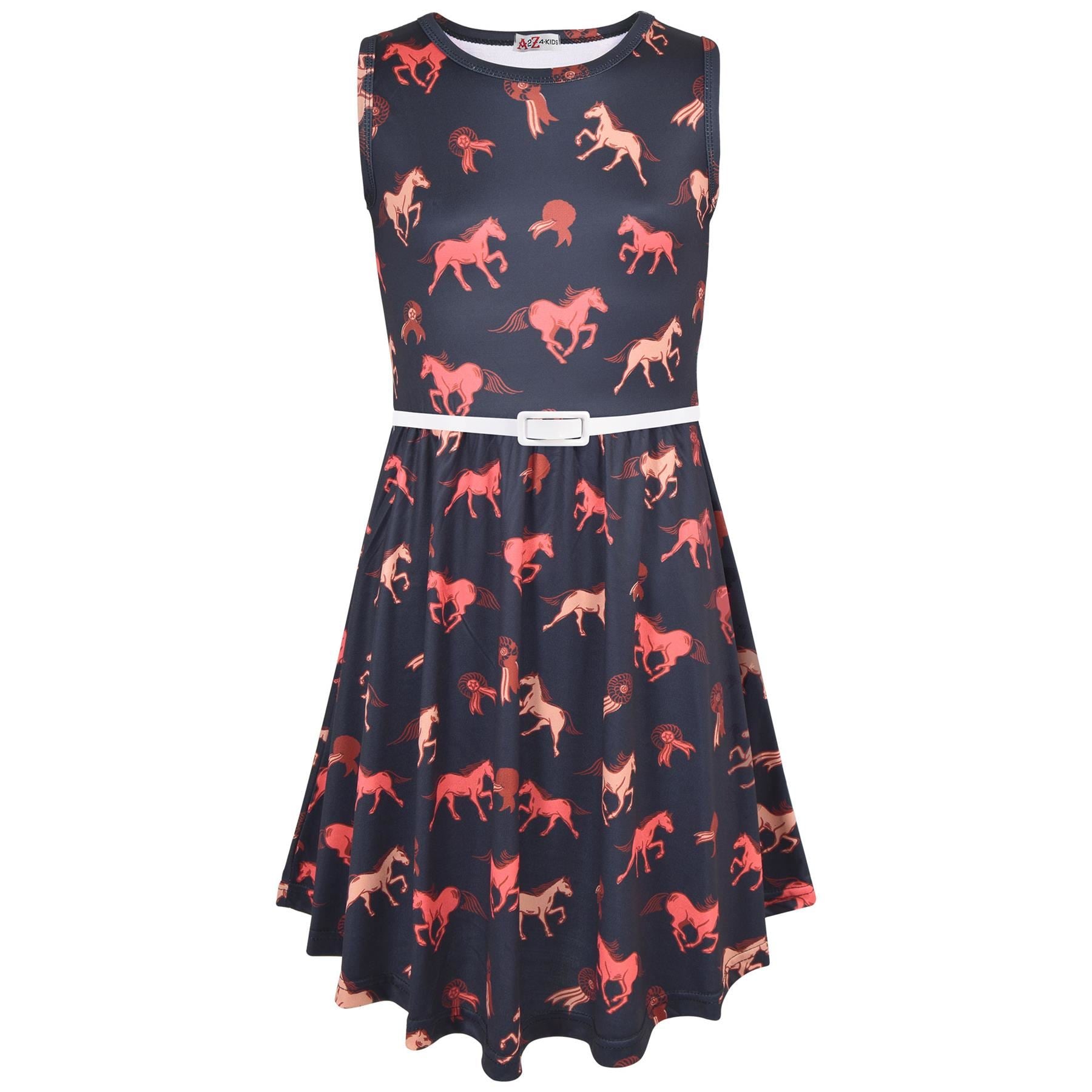 Kids Girls Sleeveless Horses Print Black Skater Dress