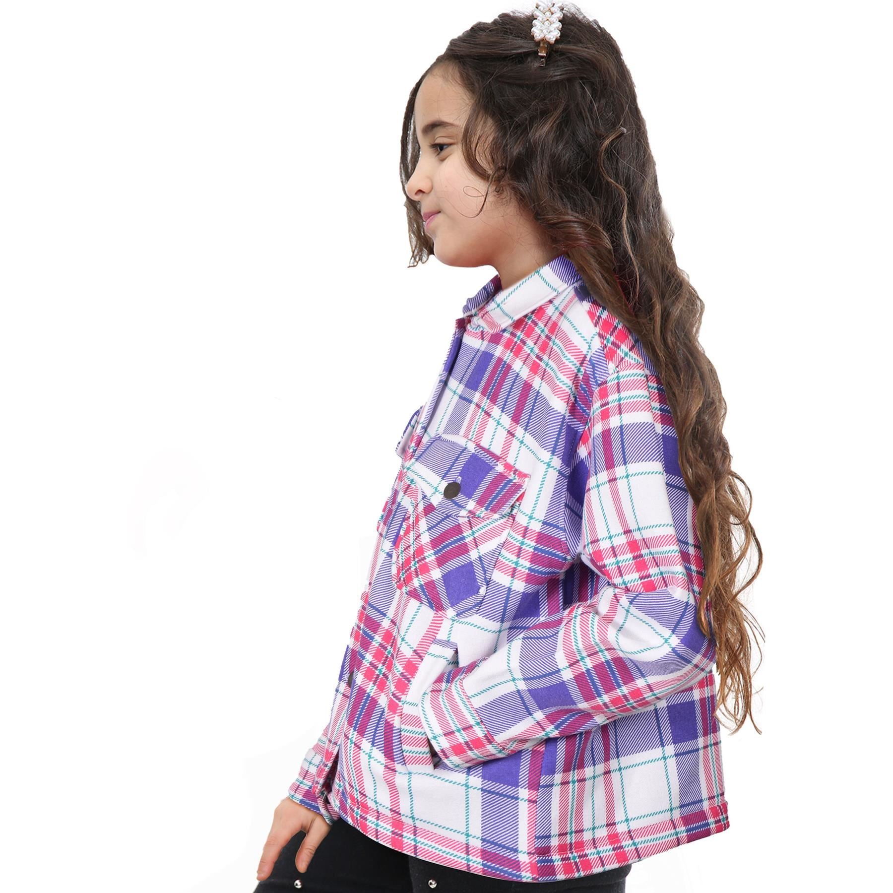 Kids Girls Checks Print Longline Fleece Collared Jacket