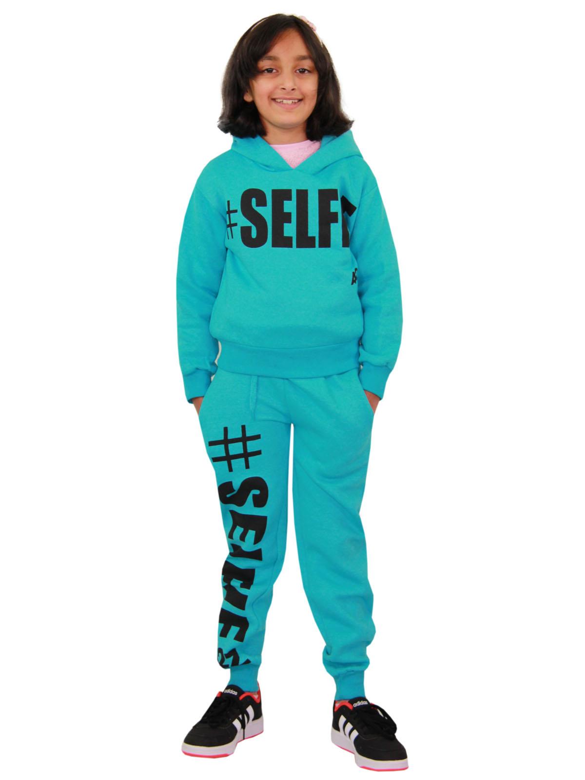 Kids Girls #Selfie Printed Hooded Crop Top & Bottom Jogging Suit