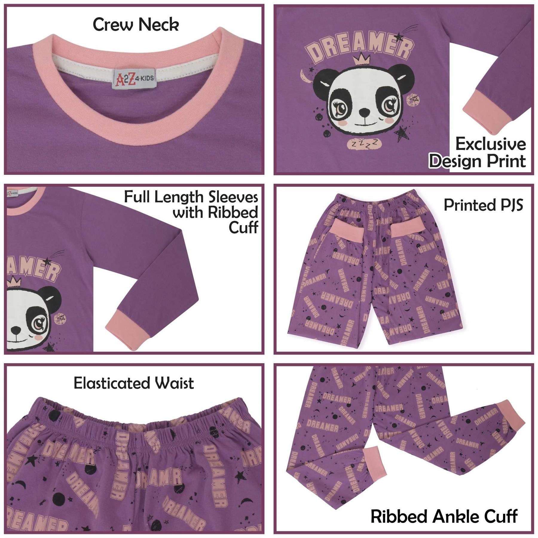 Kids Girls Pyjamas Panda Animal Dreamer Print Lilac Lounge Suit Set