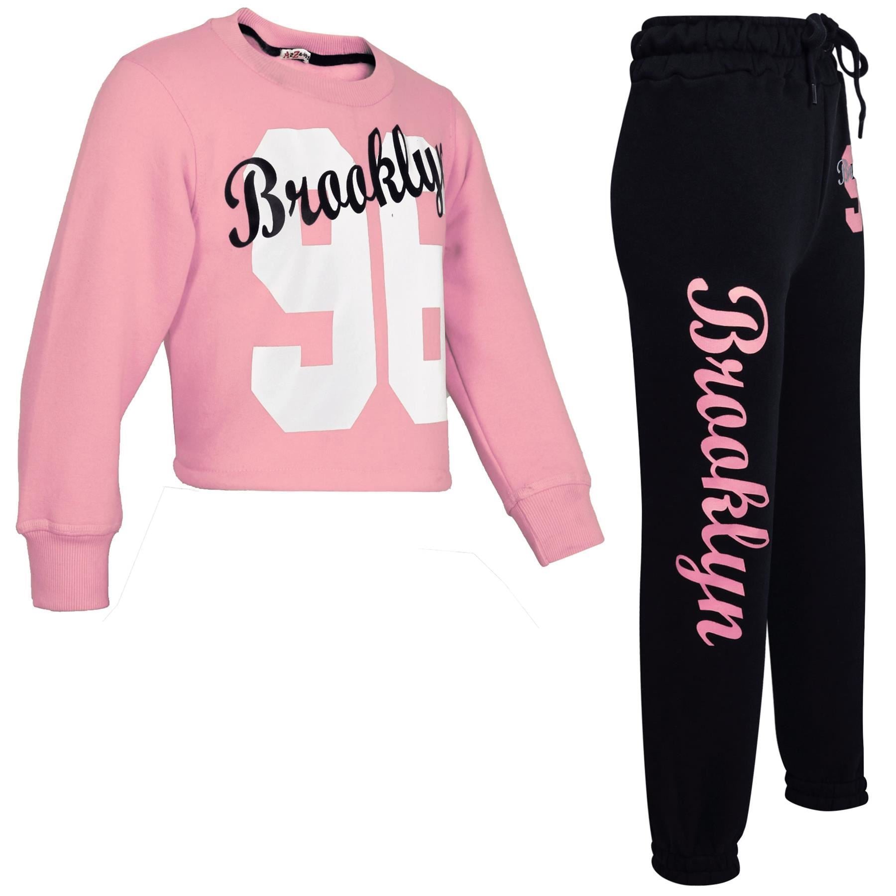 Kids Girls Crop Top Trouser 2 Piece Baby Pink Tracksuit