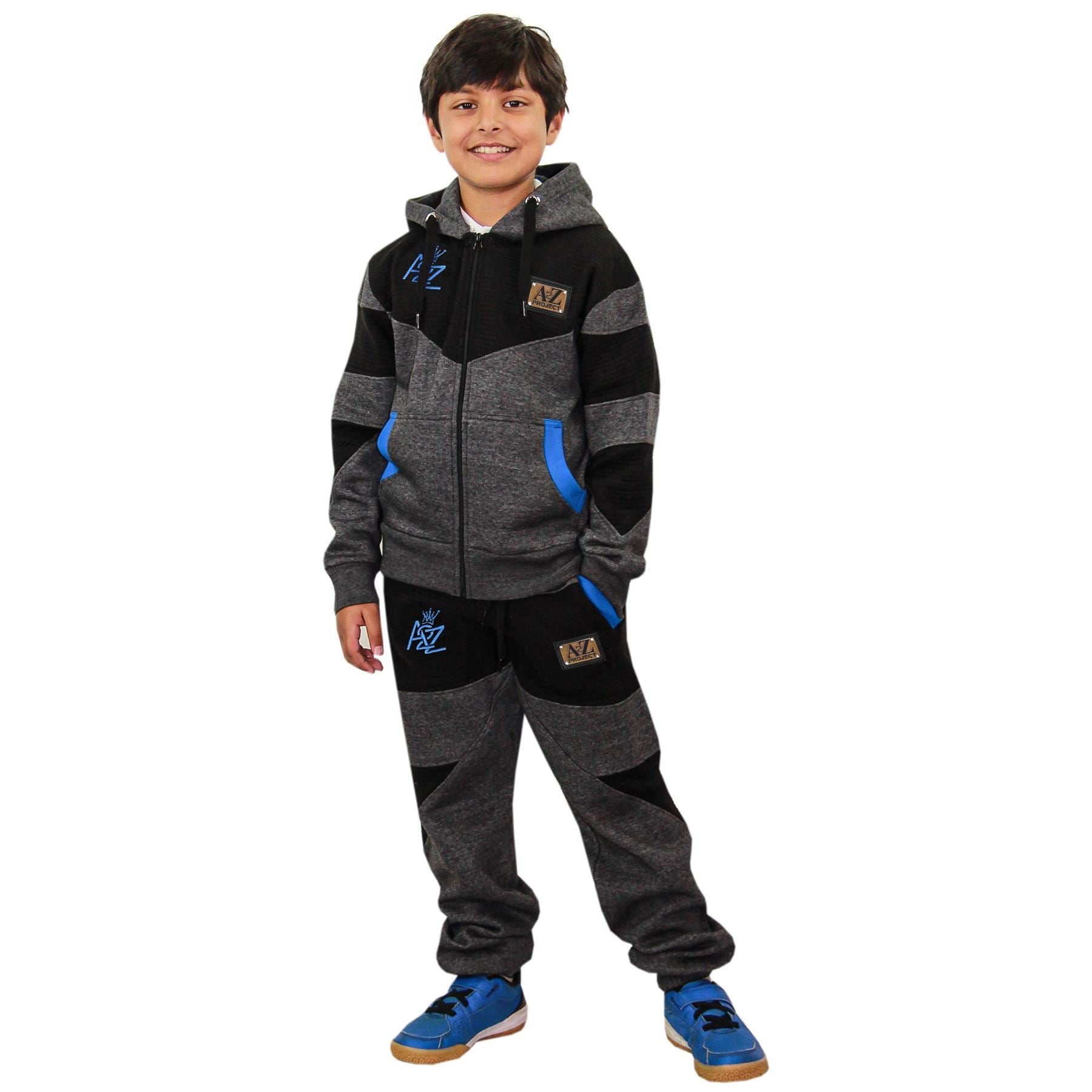 Boys Girls Charcoal & Black Fleece Hoodie Tracksuit