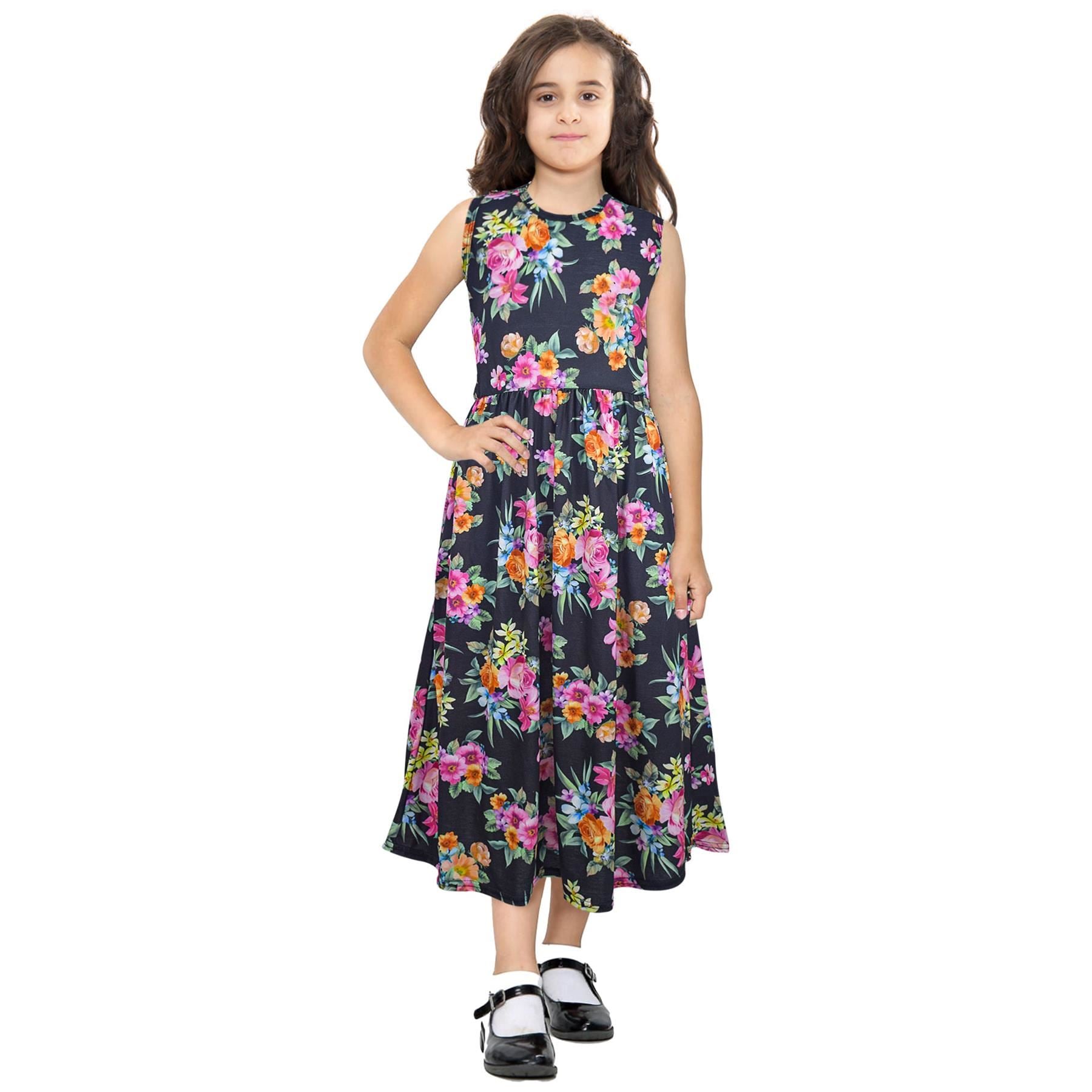 Kids Girls Sleeveless Black Floral Long Maxi Skater Dress