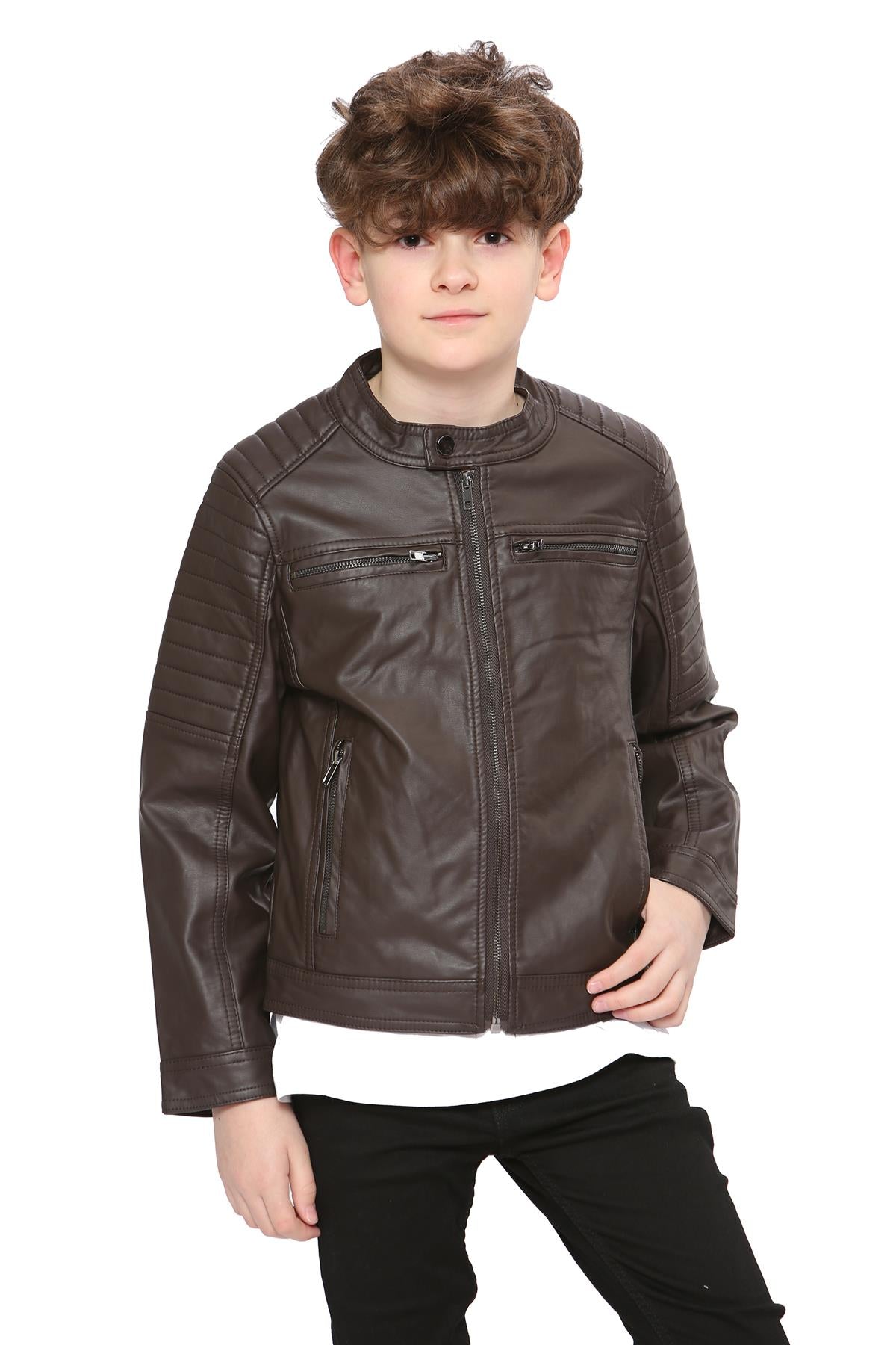 Kids Motorcycle Biker Dark Brown Stylish Leather Jacket - Kids Clothing Store