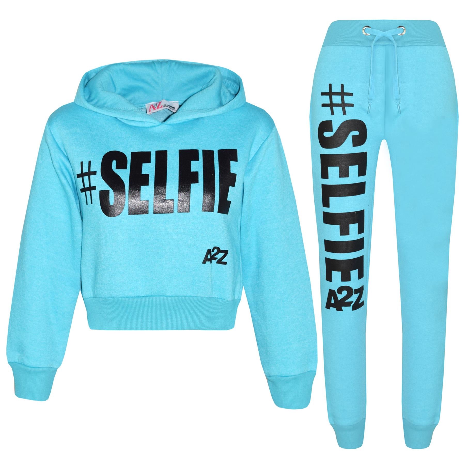 Kids Girls #Selfie Printed Hooded Crop Top & Bottom Jogging Suit