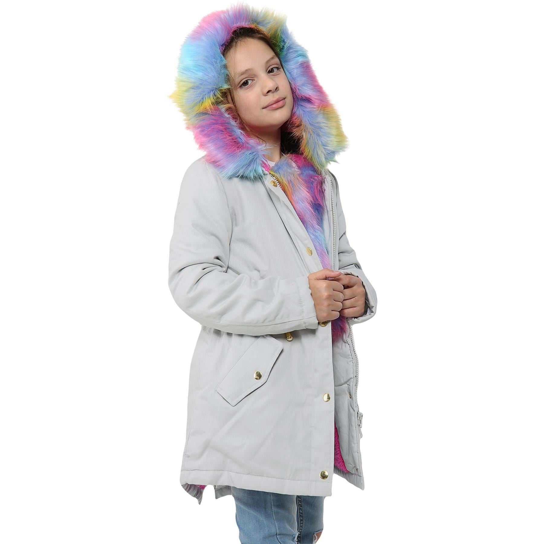 Kids Girls Hooded Coat Rainbow Faux Fur Silver Parka School Jackets