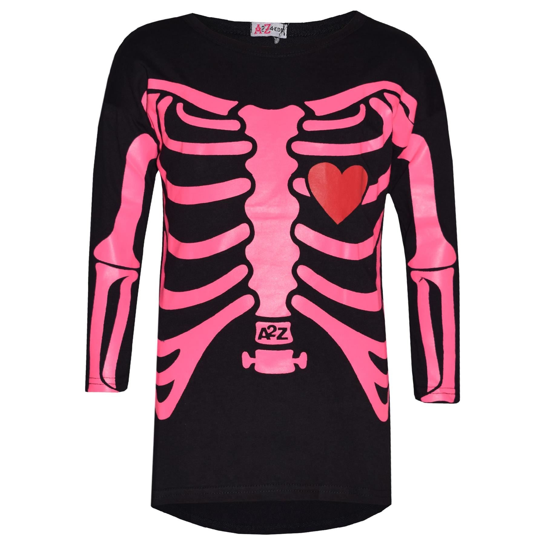 Kids Girls Skeleton Print Neon Pink Halloween Costume Set