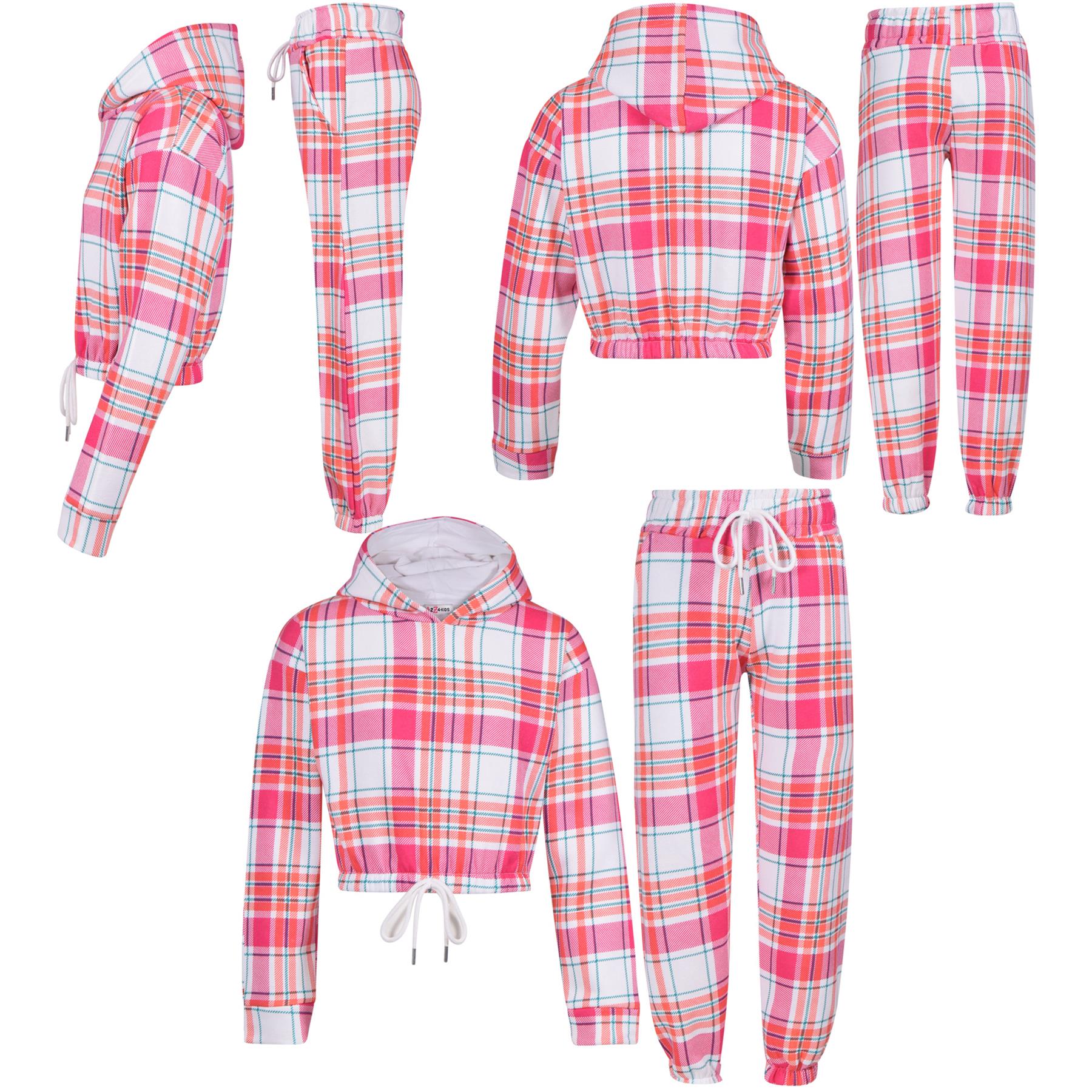 Girls Pink Check Print Cropped Hooded Tracksuit