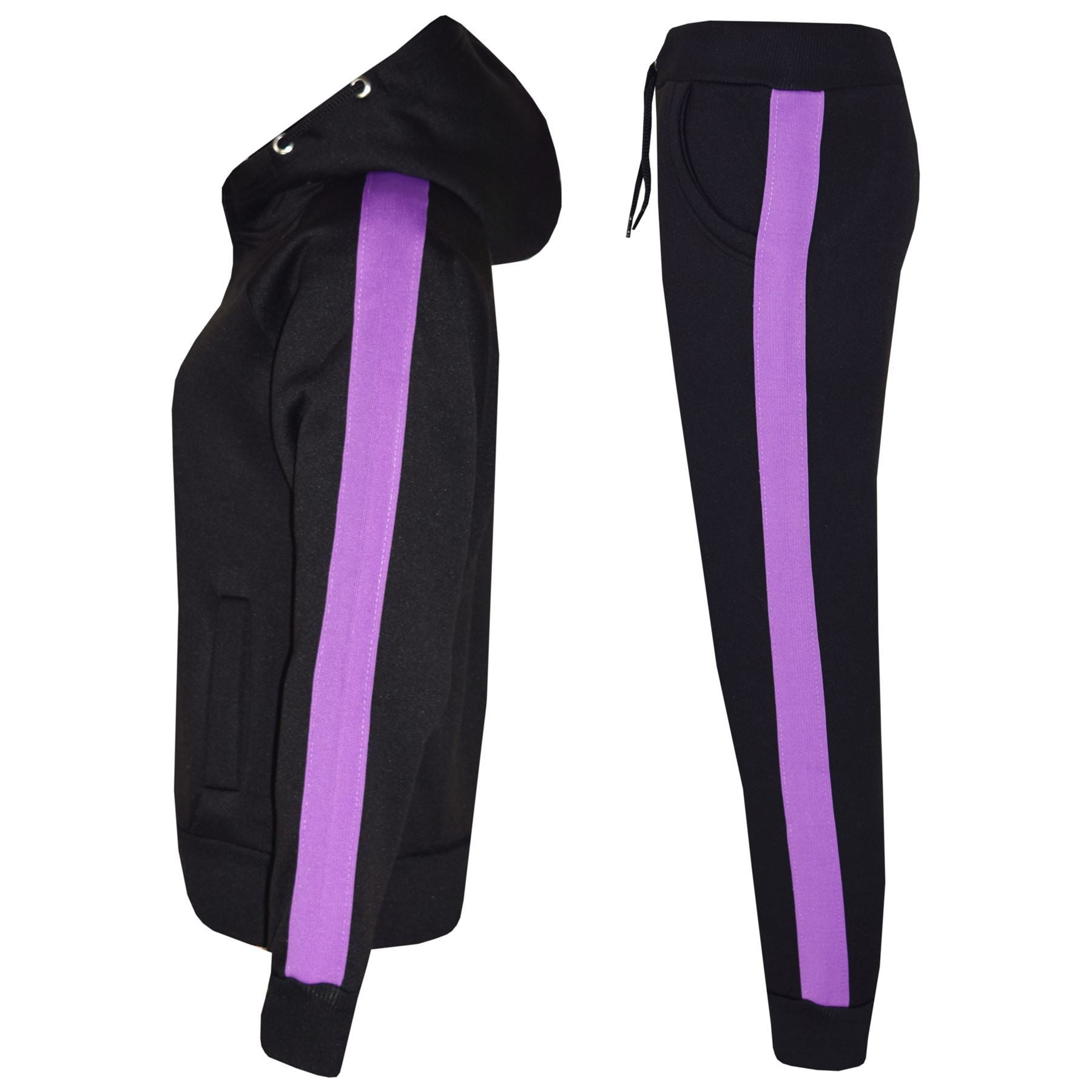 Girls Black & Lilac Jogging Plain Fleece Hooded Tracksuit