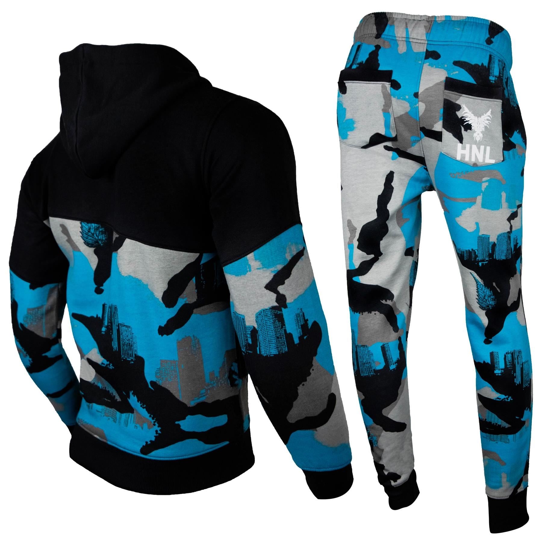 Mens Fashion Full Tracksuit HNL Print Fleece Zipped Hooded Top & Jogging Bottoms