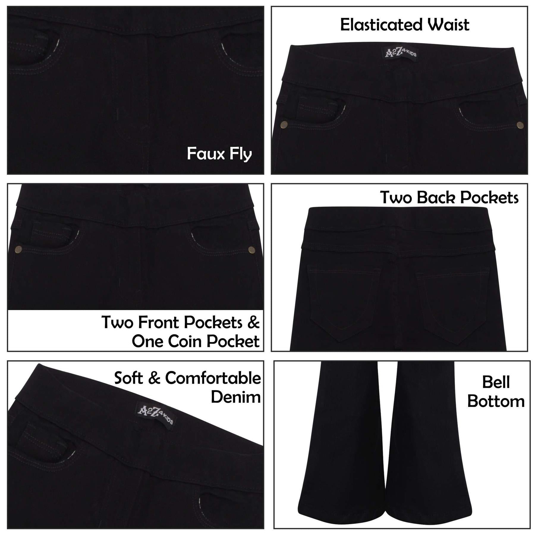 Girls Comfort Stretchy Bell Bottom Flared Jet Black Denim Jeans