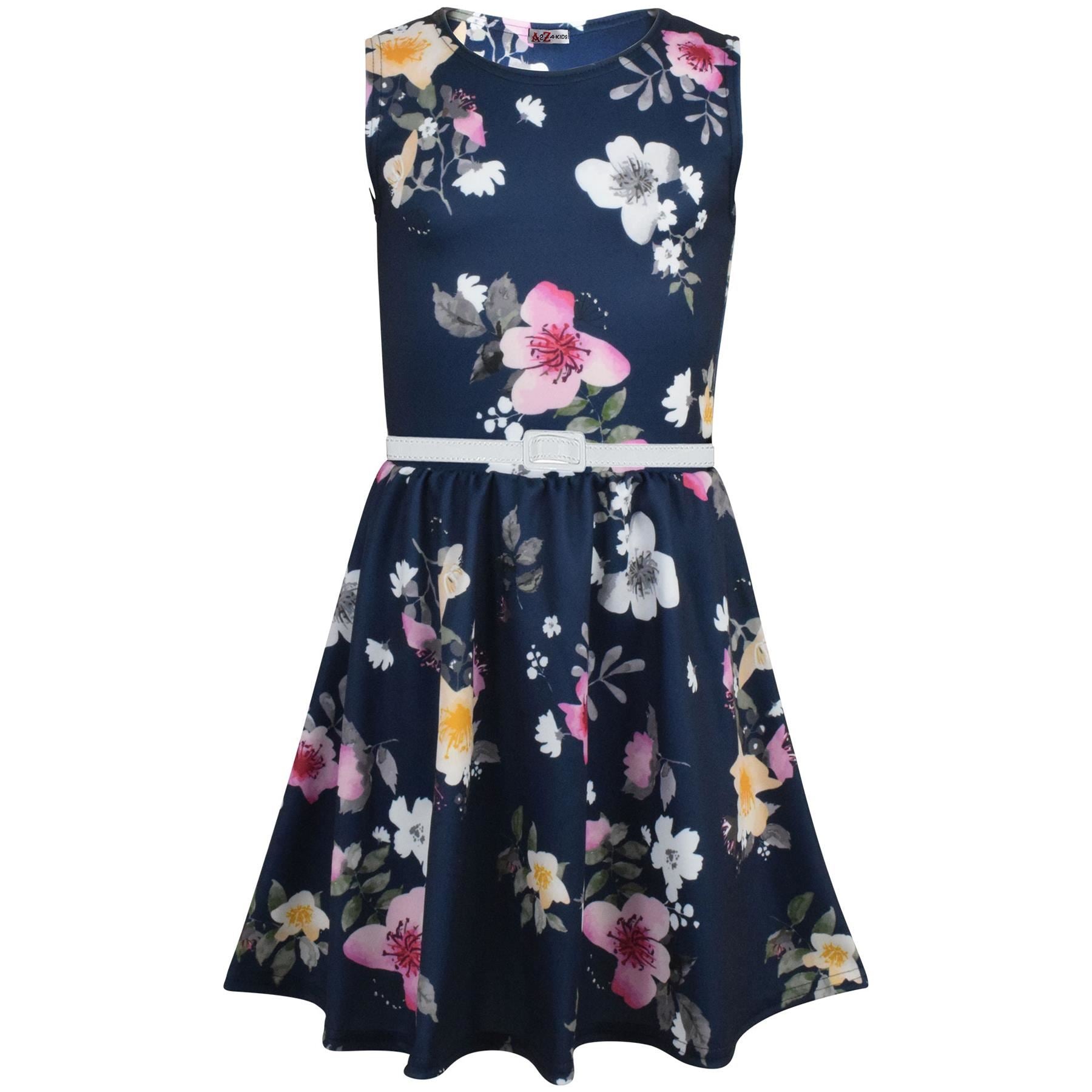 Girls Navy Floral Print Skater Dress