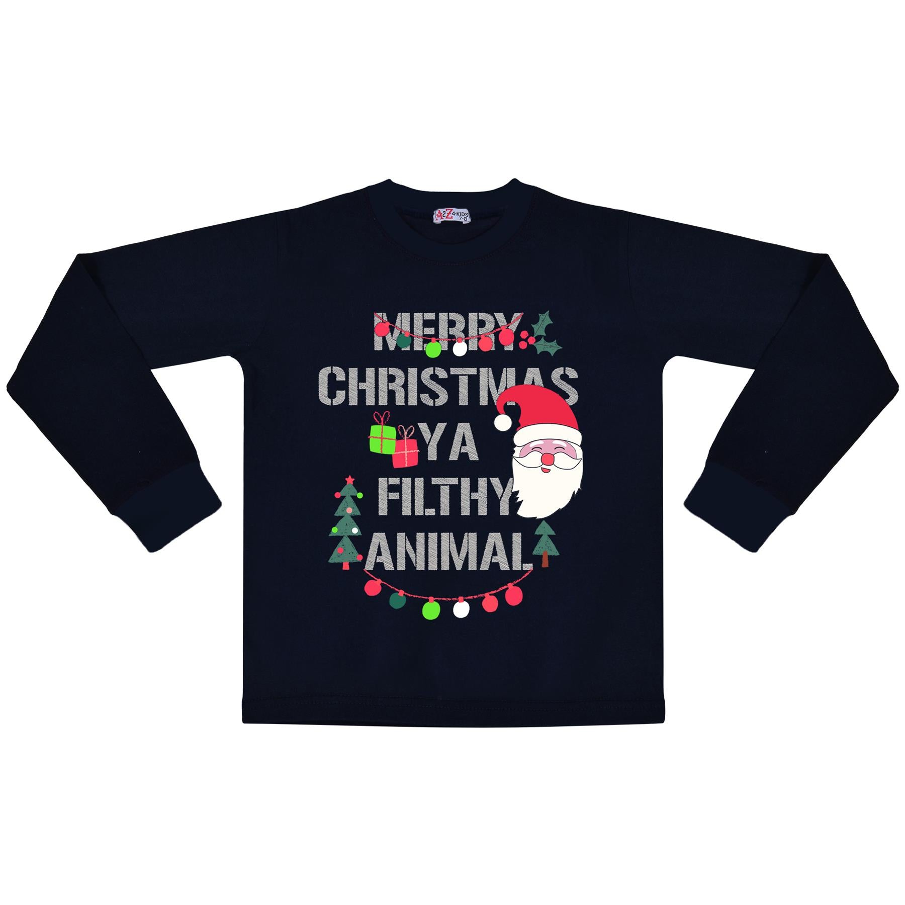 Kids Girls Boys Christmas Pyjamas Ya Filthy Animal Print Navy Lounge Suit