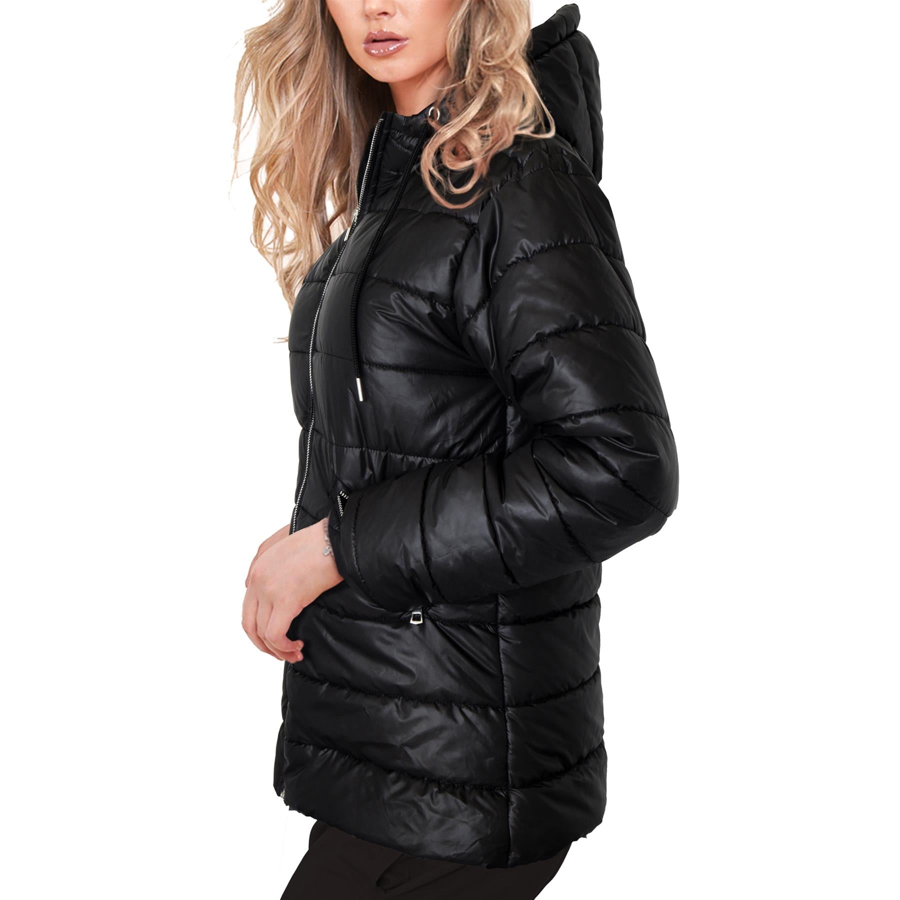 A2Z Ladies Zipped Pockets Hooded Long Sleeves Black Padded Puffer Jacket