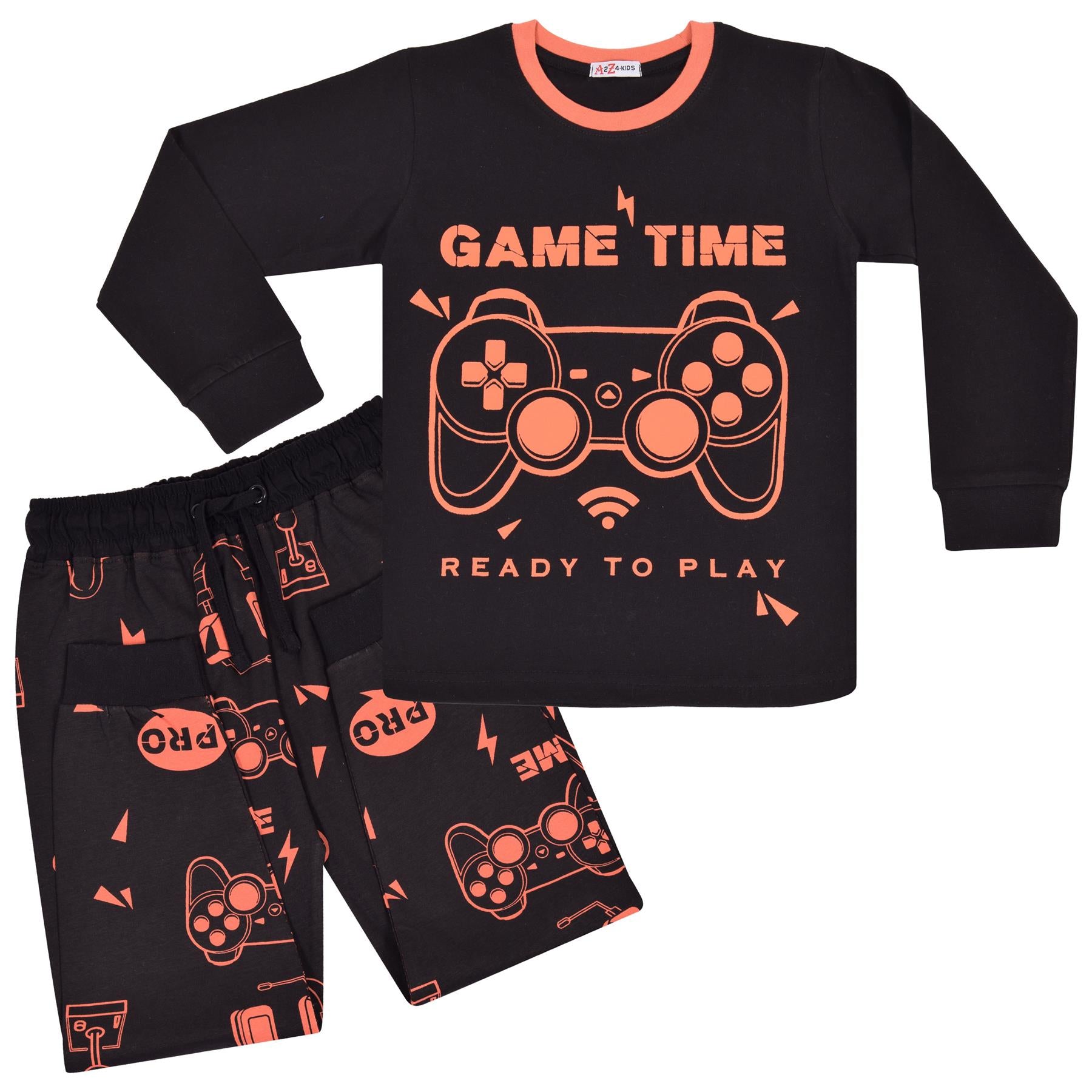 Kids Girls Boys Game Time Black Print Pyjamas Set