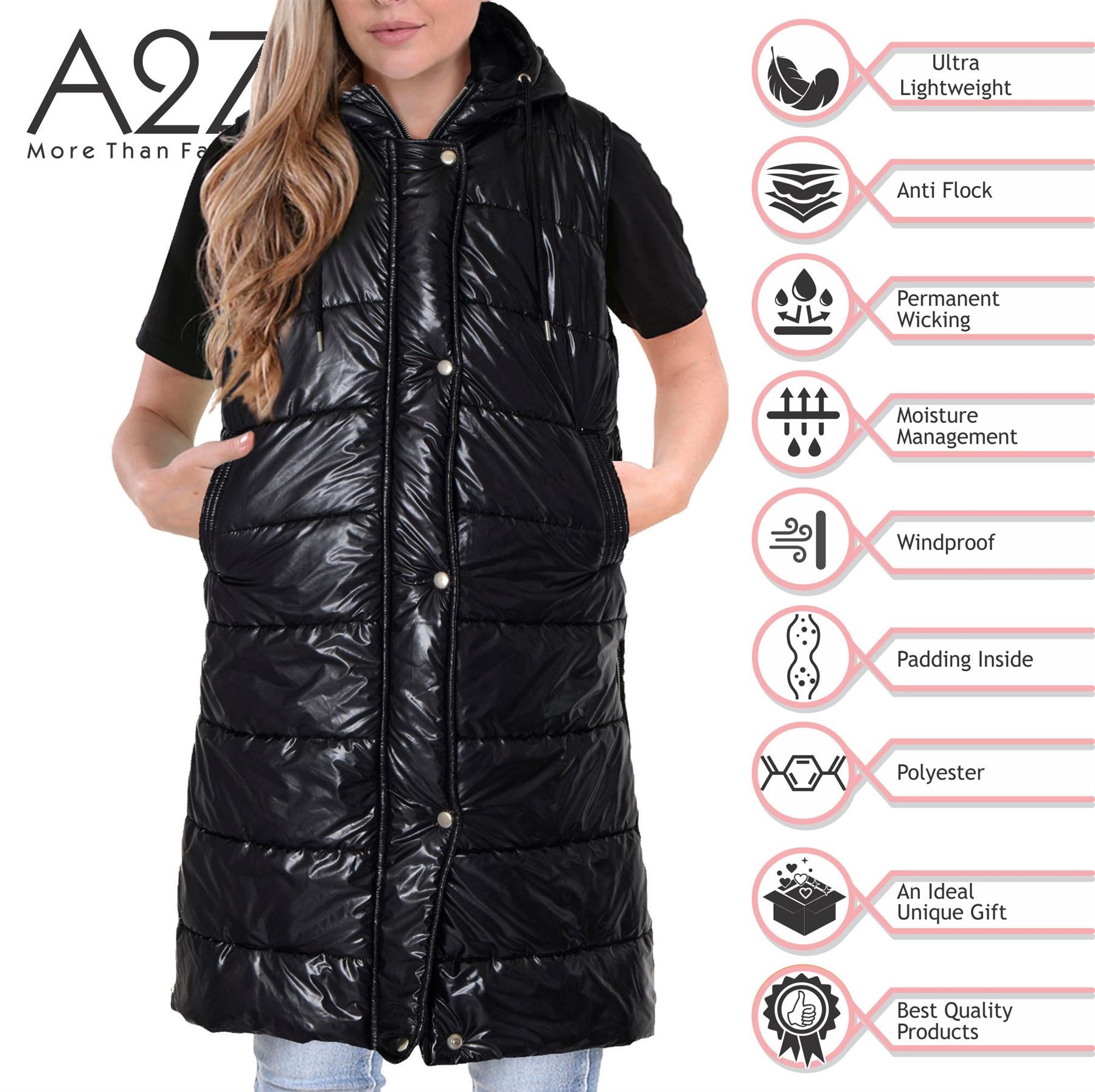 Ladies Oversized Zipped Gilet Long Line Style Wet Look Black Jacket Sleeveless Long Coat