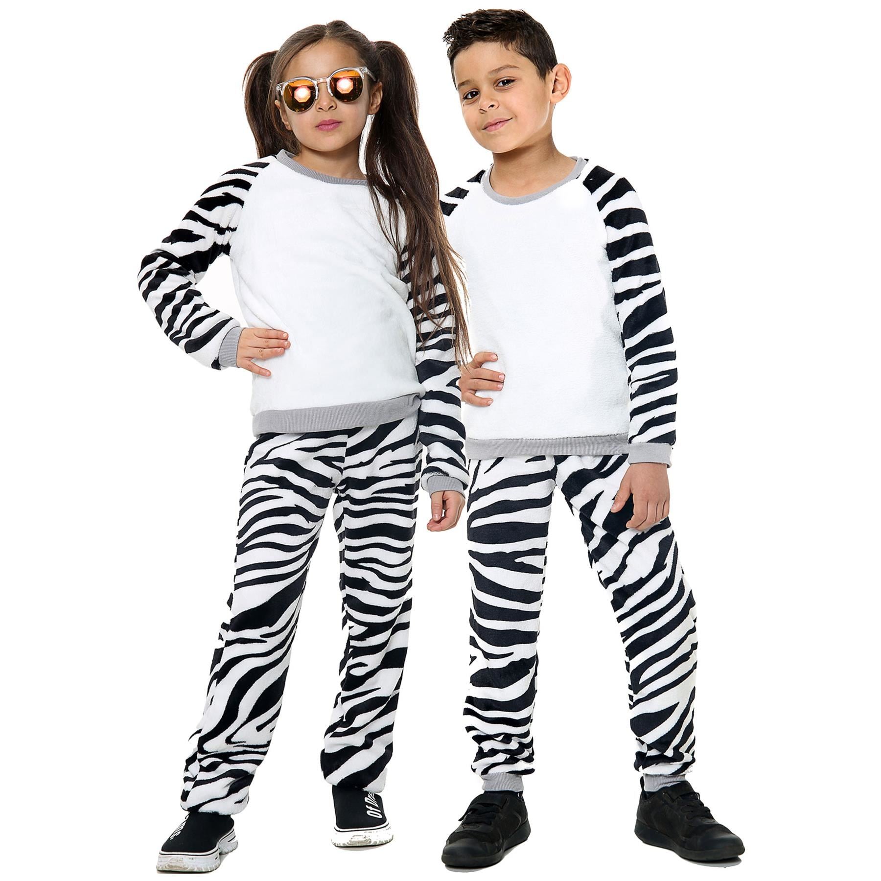 Kids Zebra Print Sleeve Pyjamas Sleepsuit Costume For Girls Boys Age 5-13