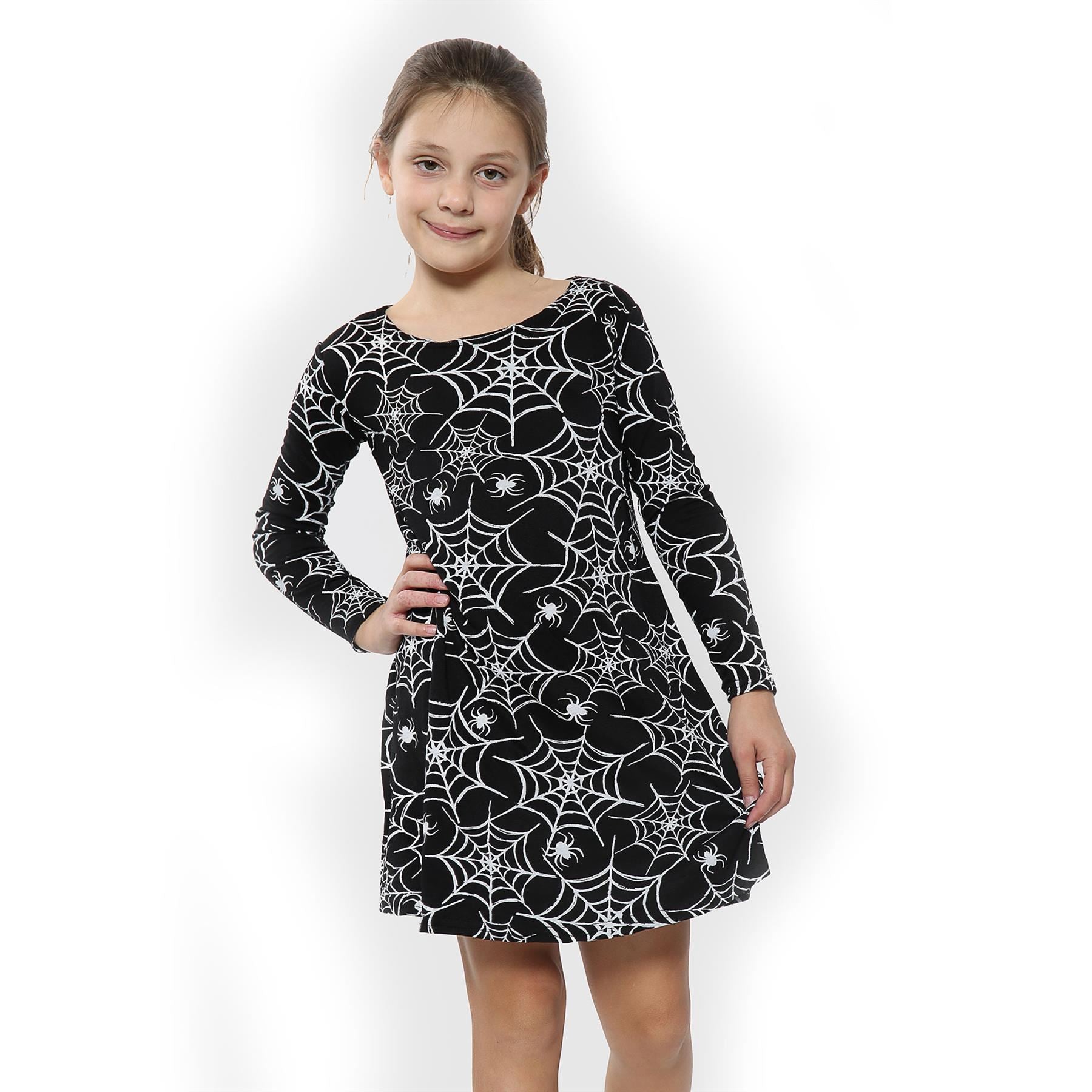 Girls Spider Web Print Halloween Swing Dresses