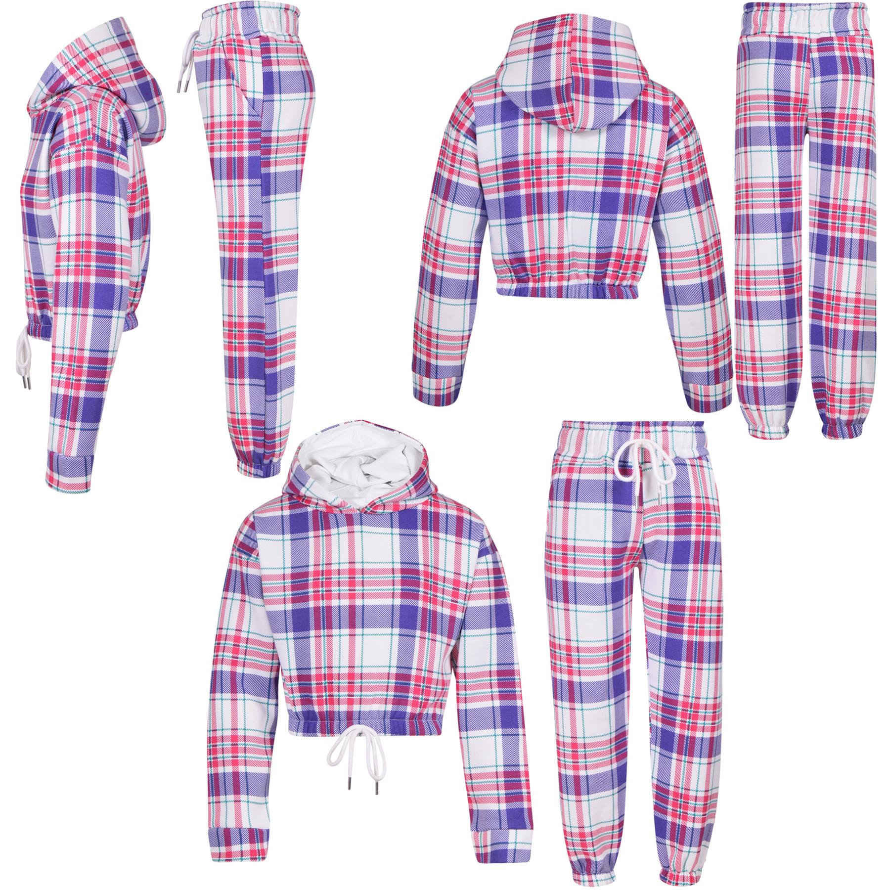 Girls Purple Check Print Cropped Hooded Tracksuit