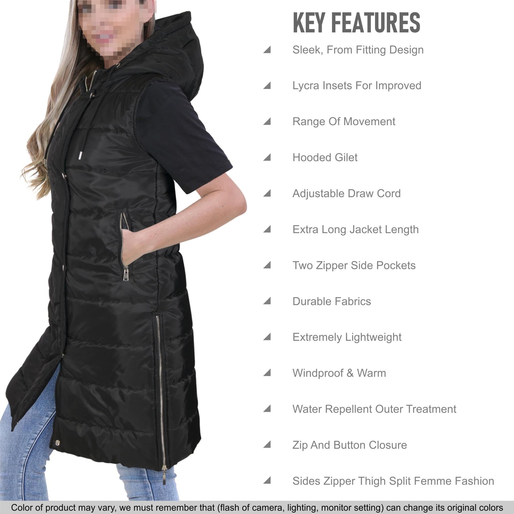 Ladies Oversized Zipped Gilet Long Line Style Black Jacket Sleeveless Long Coat