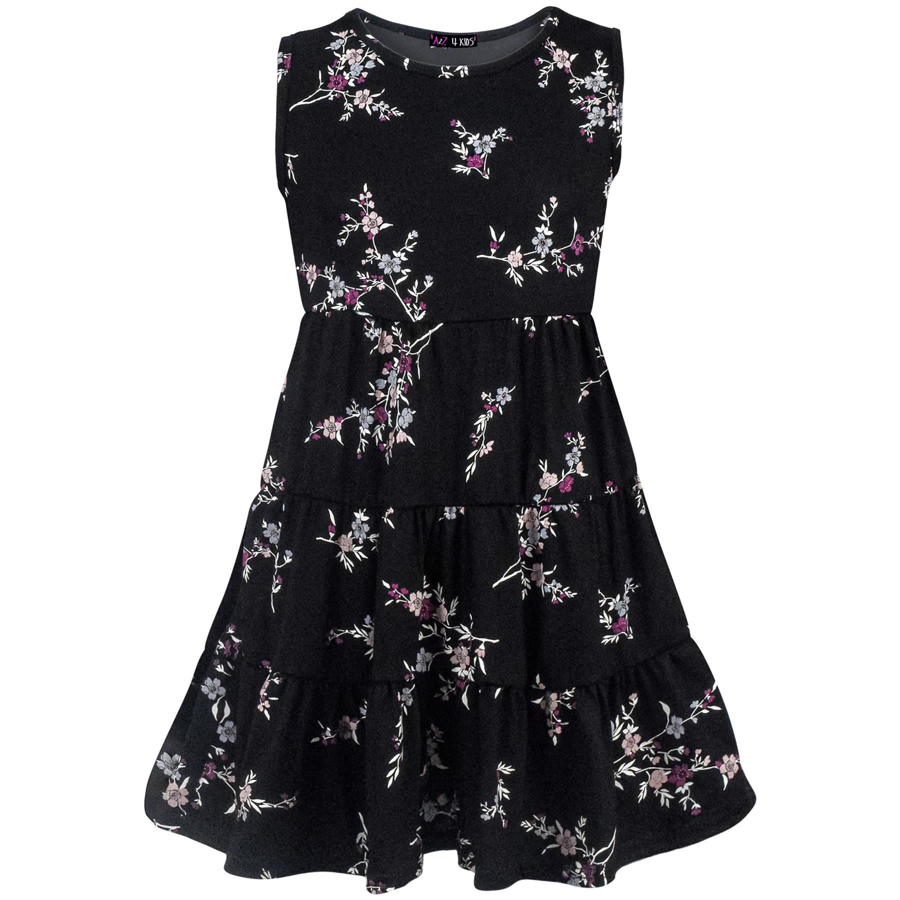 Girls Black Floral Print Ruffle Dress