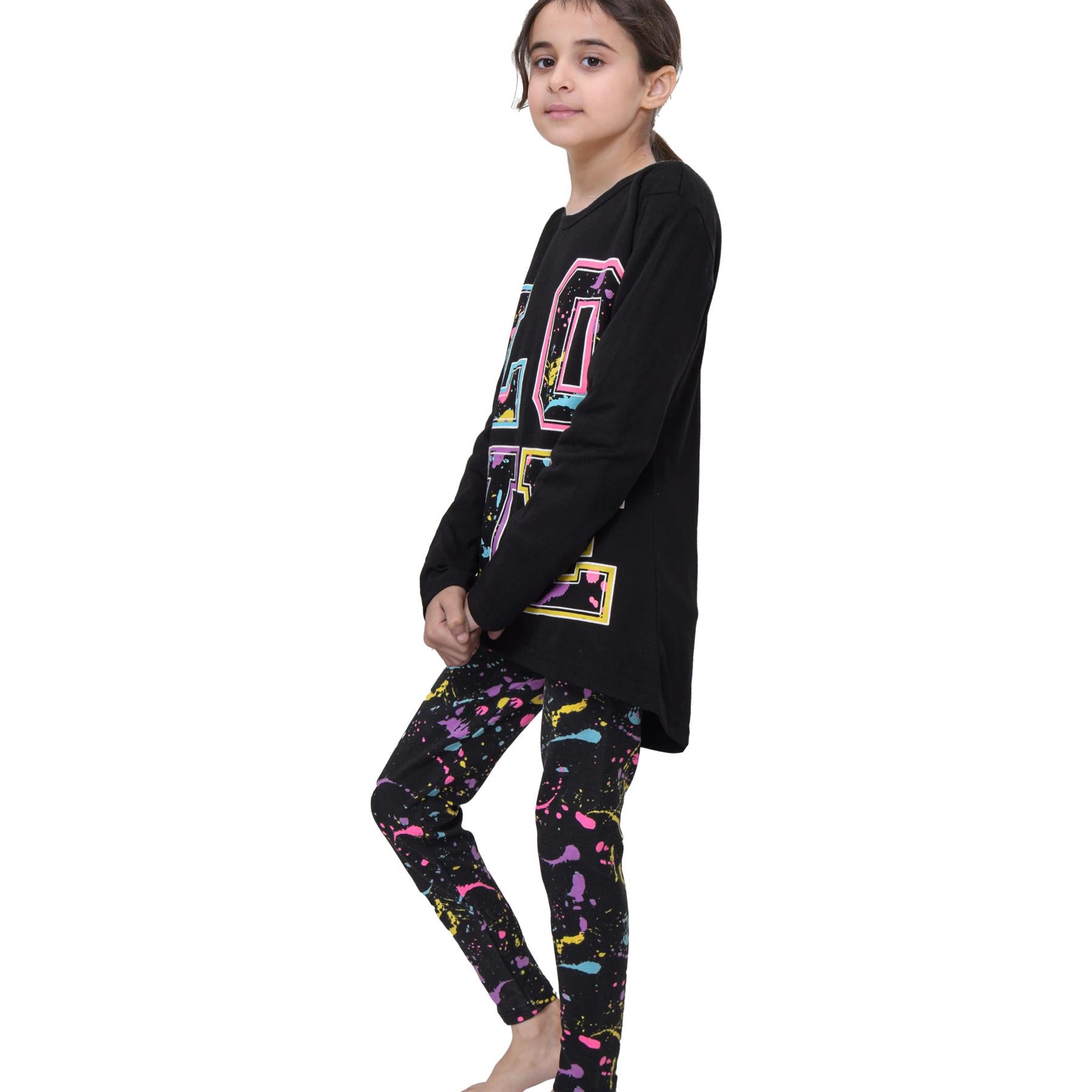 Girls Love Print Black Long Sleeves T Shirt Top & Splash Legging Set