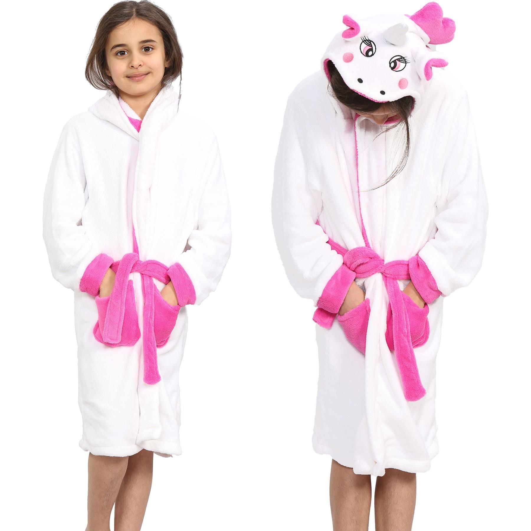 Kids Girls Boys Super Soft 3D Animal Unicorn Pink Hooded Bathrobe