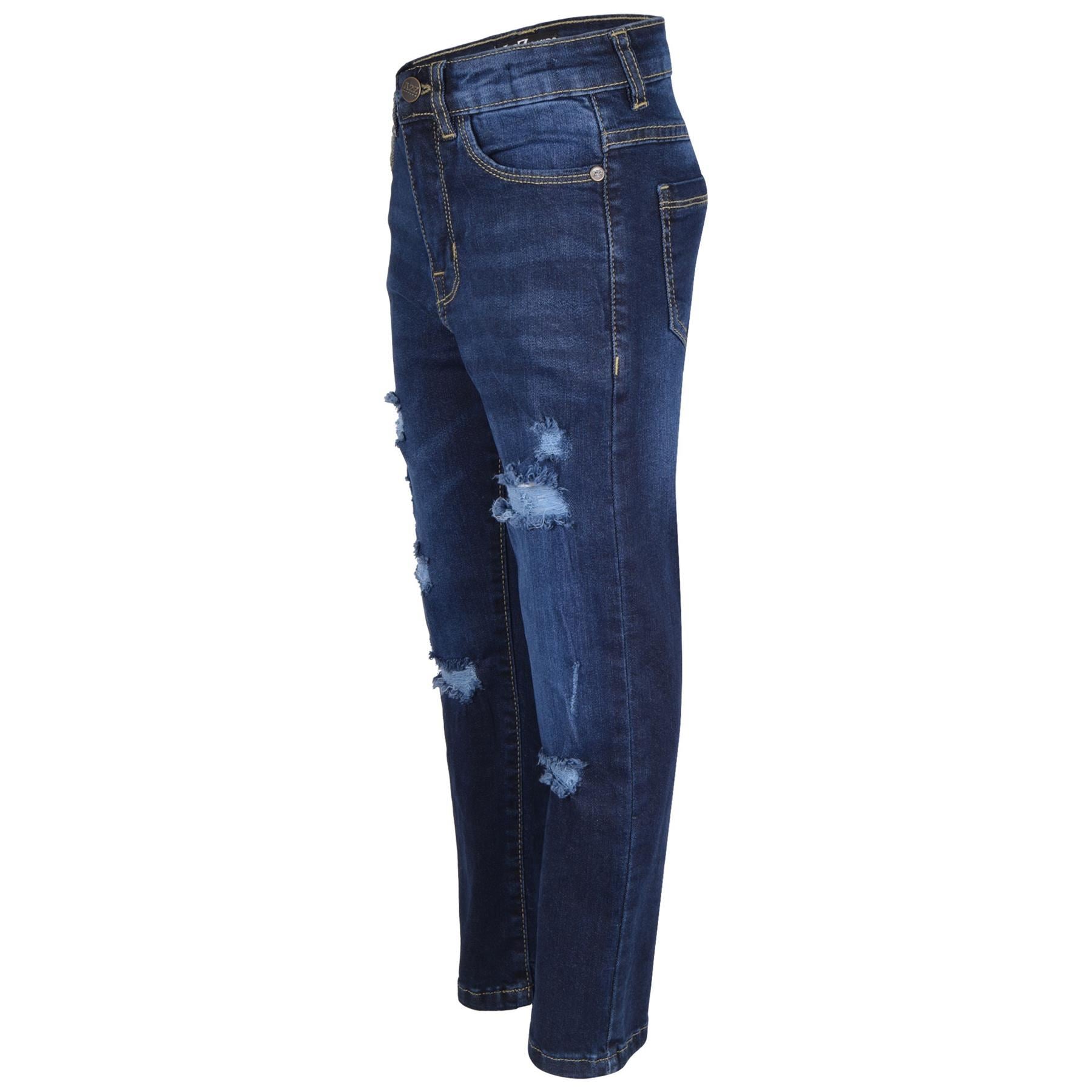 Kids Boys Relaxed Straight Fit Boot Cut Dark Blue Ripped Jeans