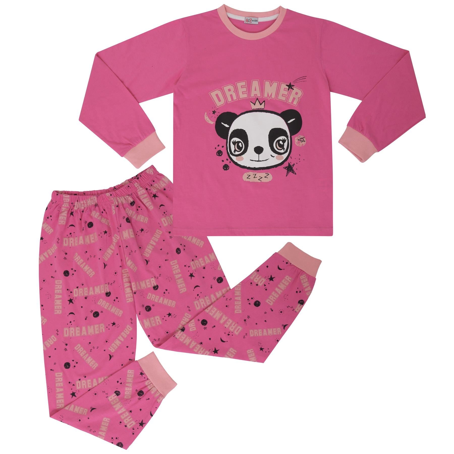 Kids Girls Pyjamas Panda Animal Dreamer Print Pink Lounge Suit Set