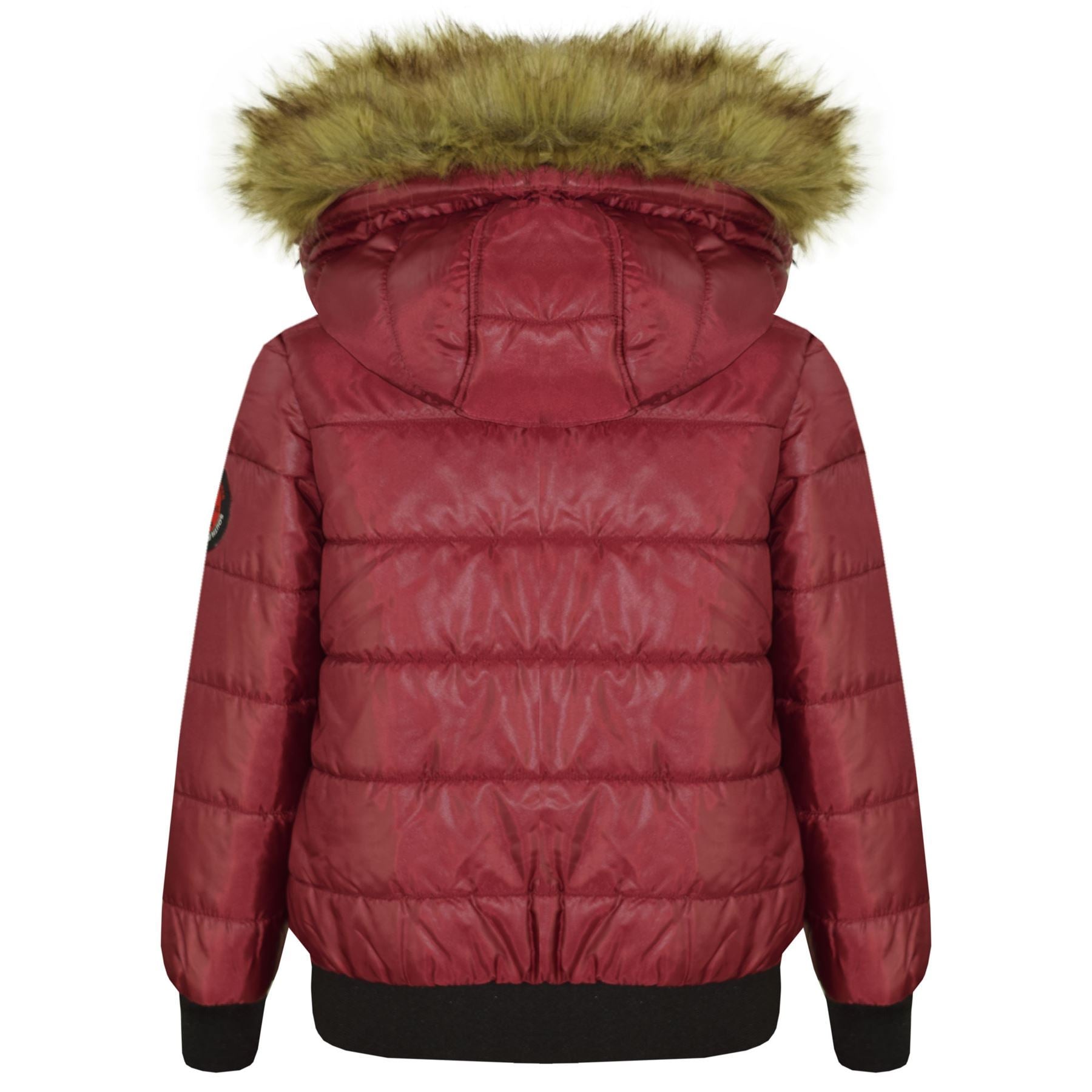 Kids Girls Boys Fux Fur Wine Hooded Puffer Jacket