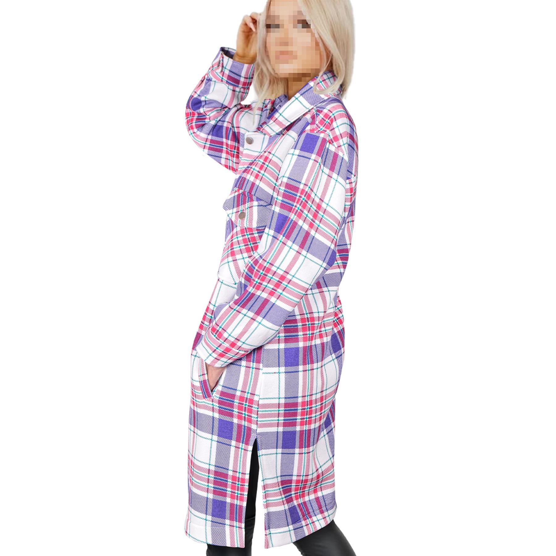 Ladies Longline Shacket Purple Checked Button Down Shirt Jacket Oversize Coat