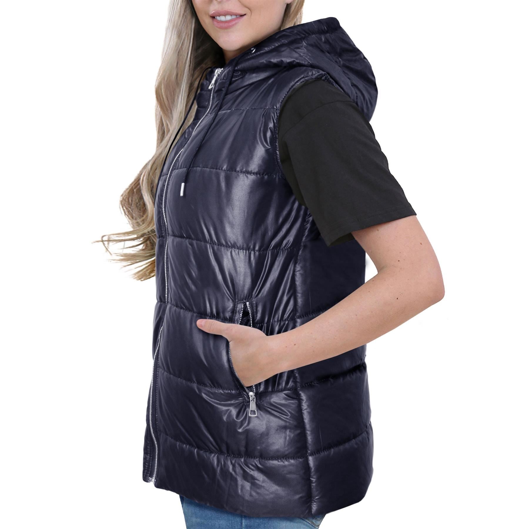 Ladies Oversized Silver Zipped Pockets Gilet Navy Jacket Sleeveless Coat