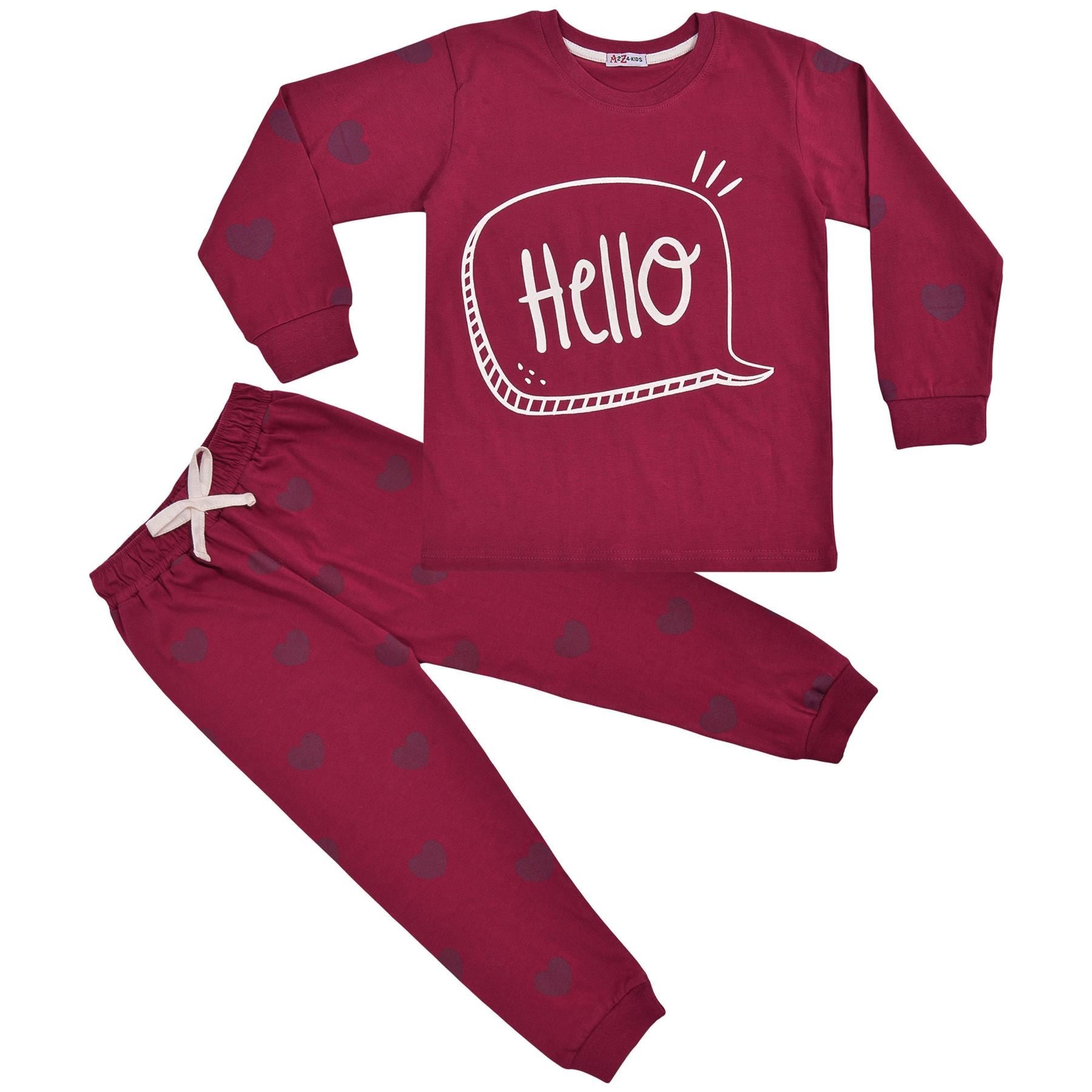 Kids Girls Hello Print Plum Pyjamas Set