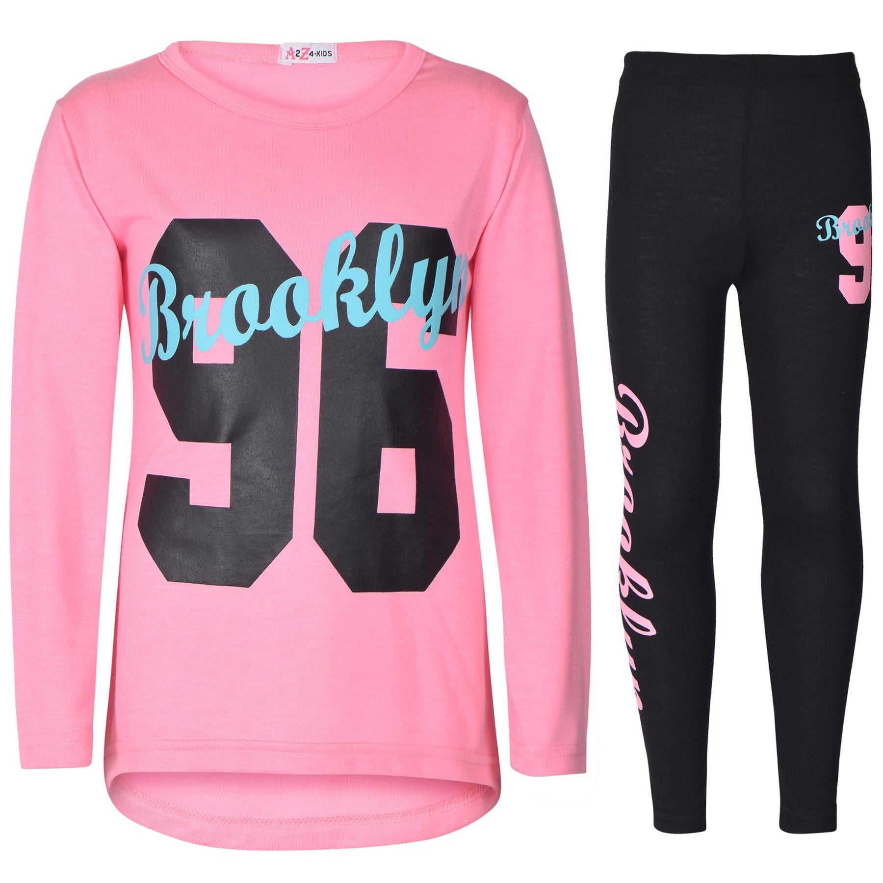 Girls Brooklyn Print Baby Pink Long Sleeves T Shirt Top & Legging Set