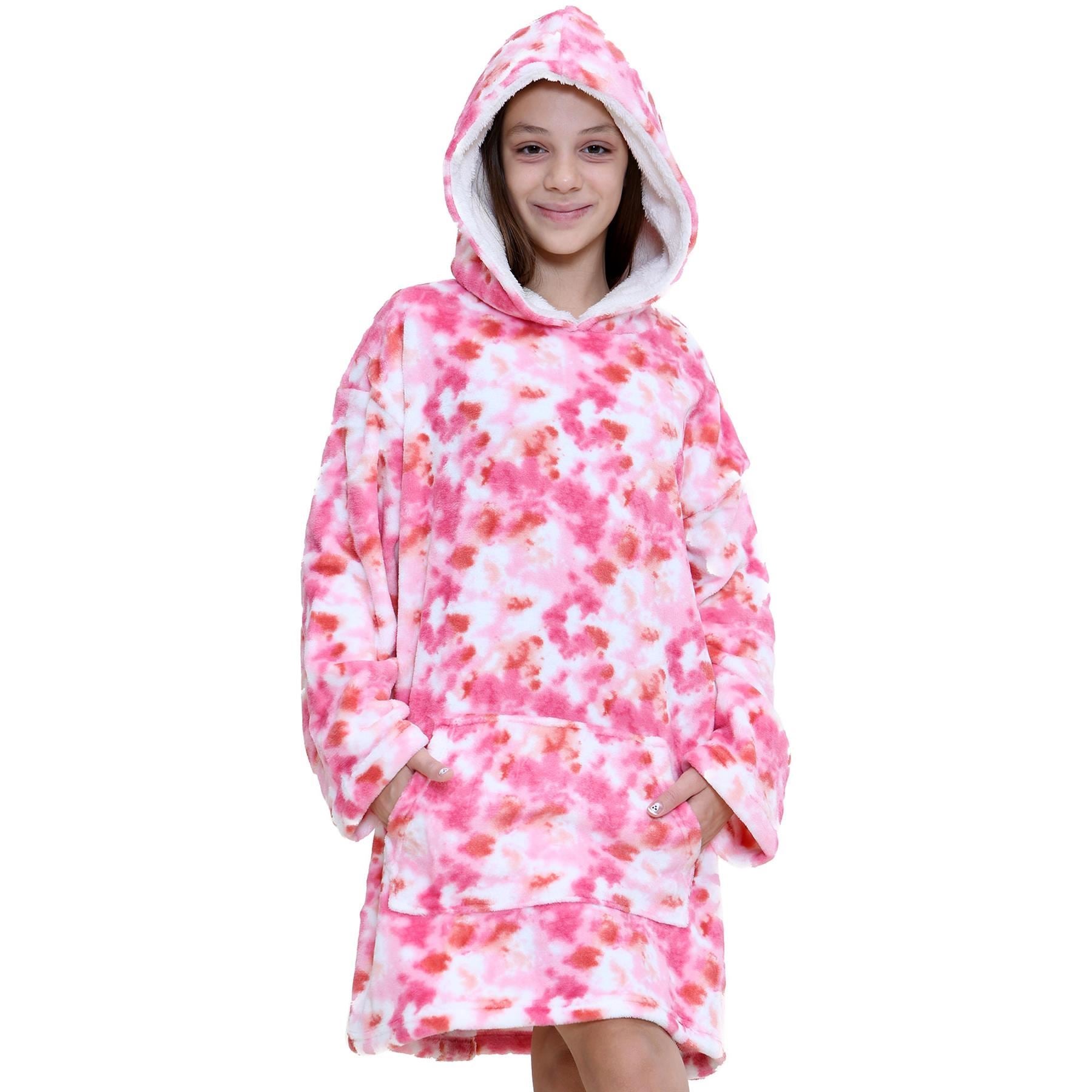 Kids Unisex Oversized Hoodie Snuggle Tie Dye Pink Printed Fleece Blanket