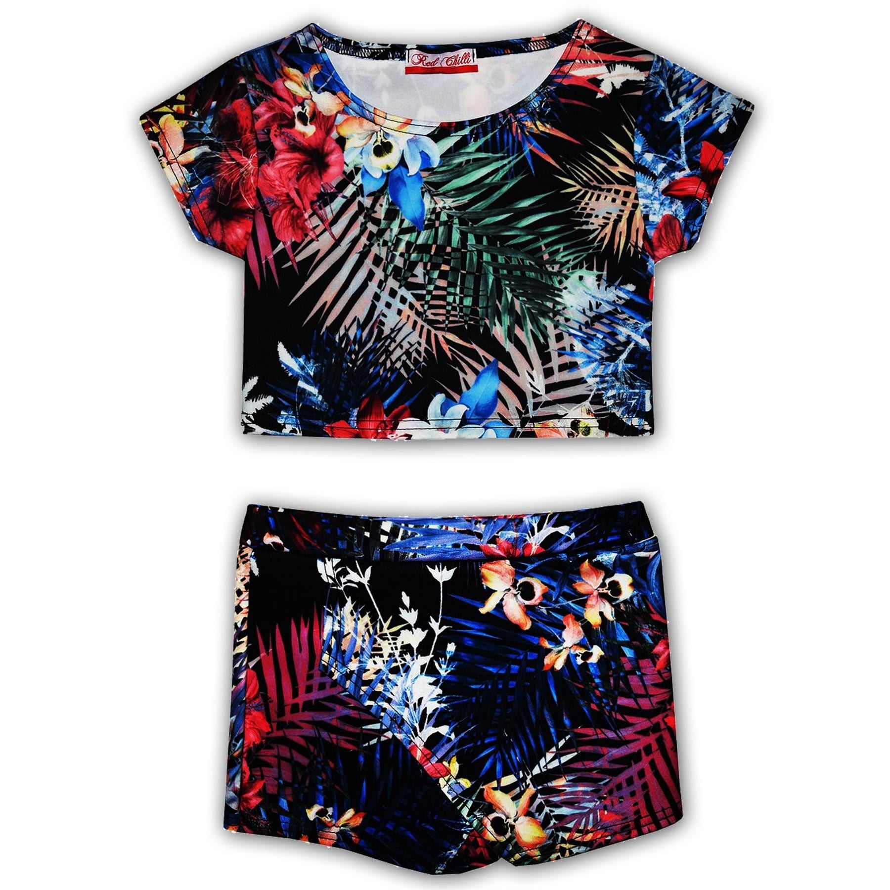 Kids Girls Tropical Aztec Floral Tribal Crop Top & Skort Set