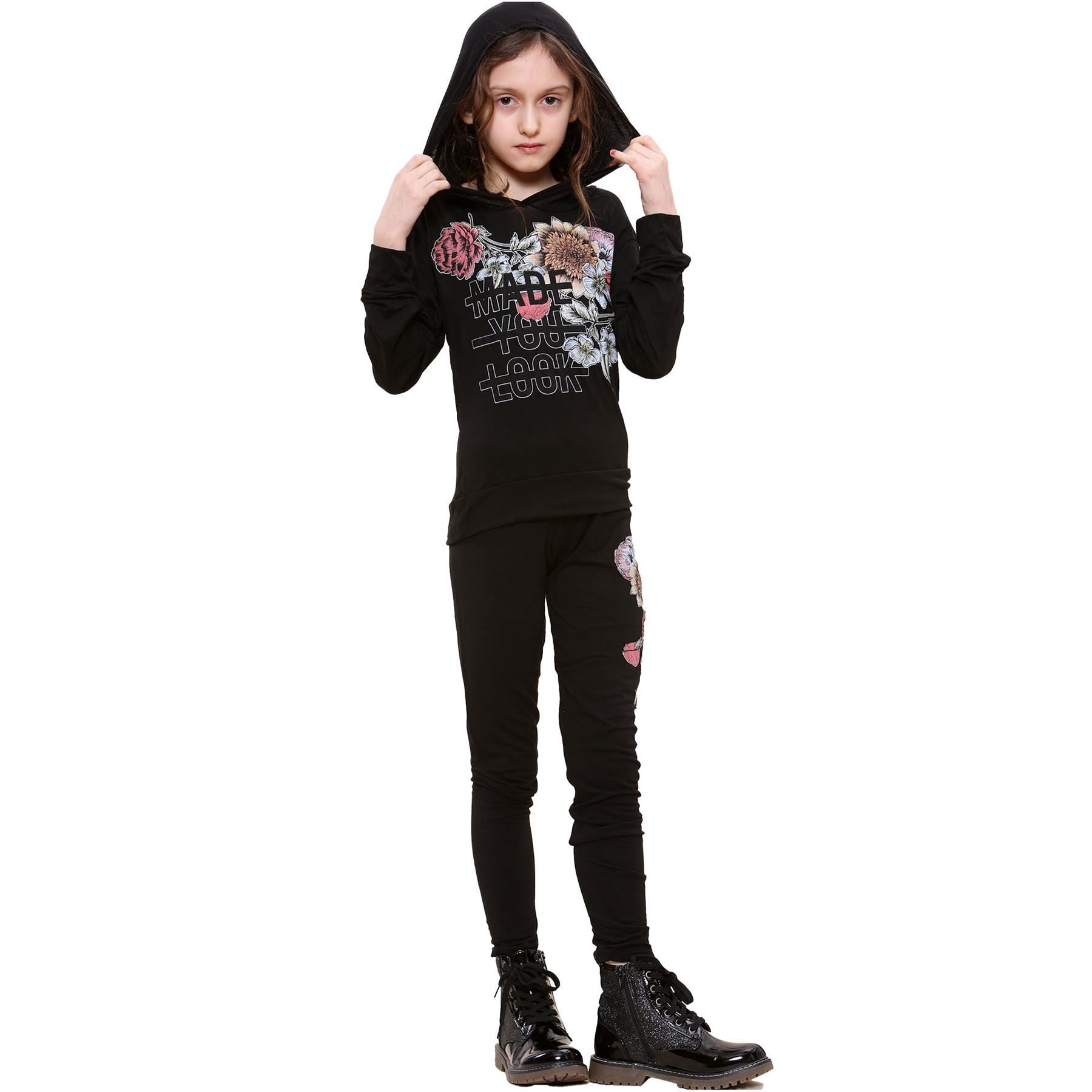 Kids Girls Made You Look Print Black Hooded Top & Legging Set