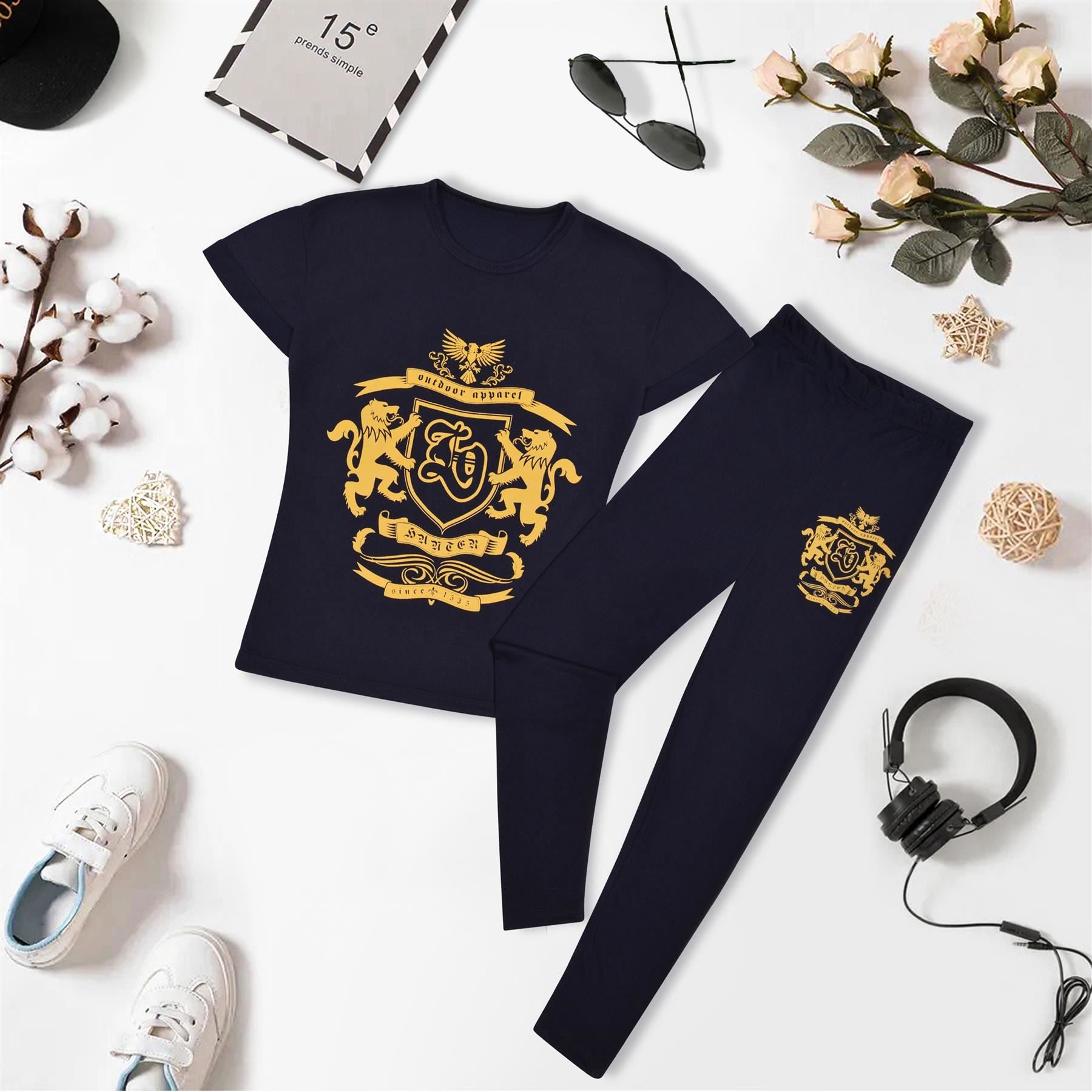 Kids Girls Varsity Lion Print T Shirt Top & Legging Set